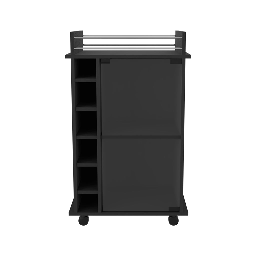 Black metal bar cart with wine rack and storage shelves