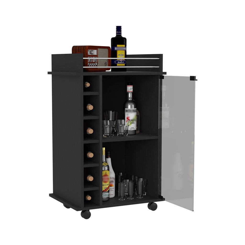 Black mobile bar cart with wine rack and glass cabinet