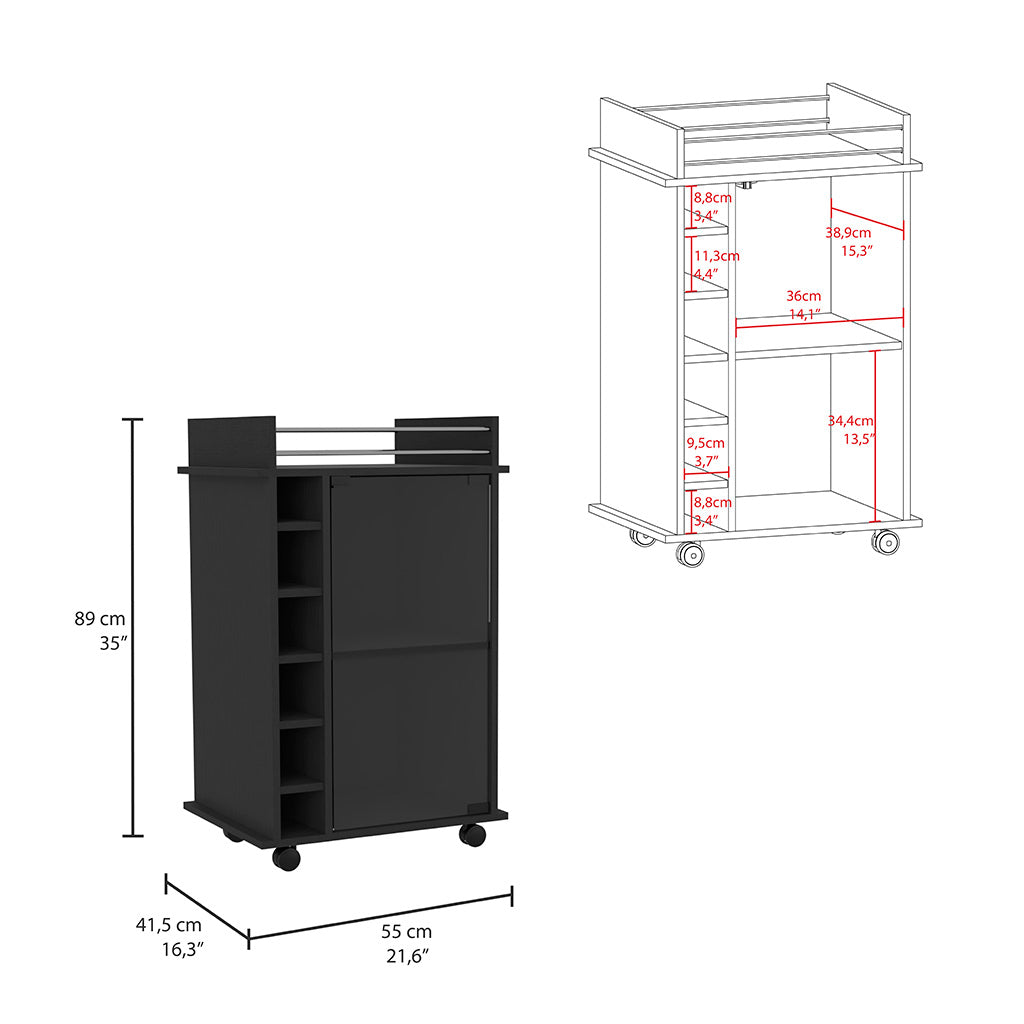 Black mobile bar cart with wine rack and cabinet