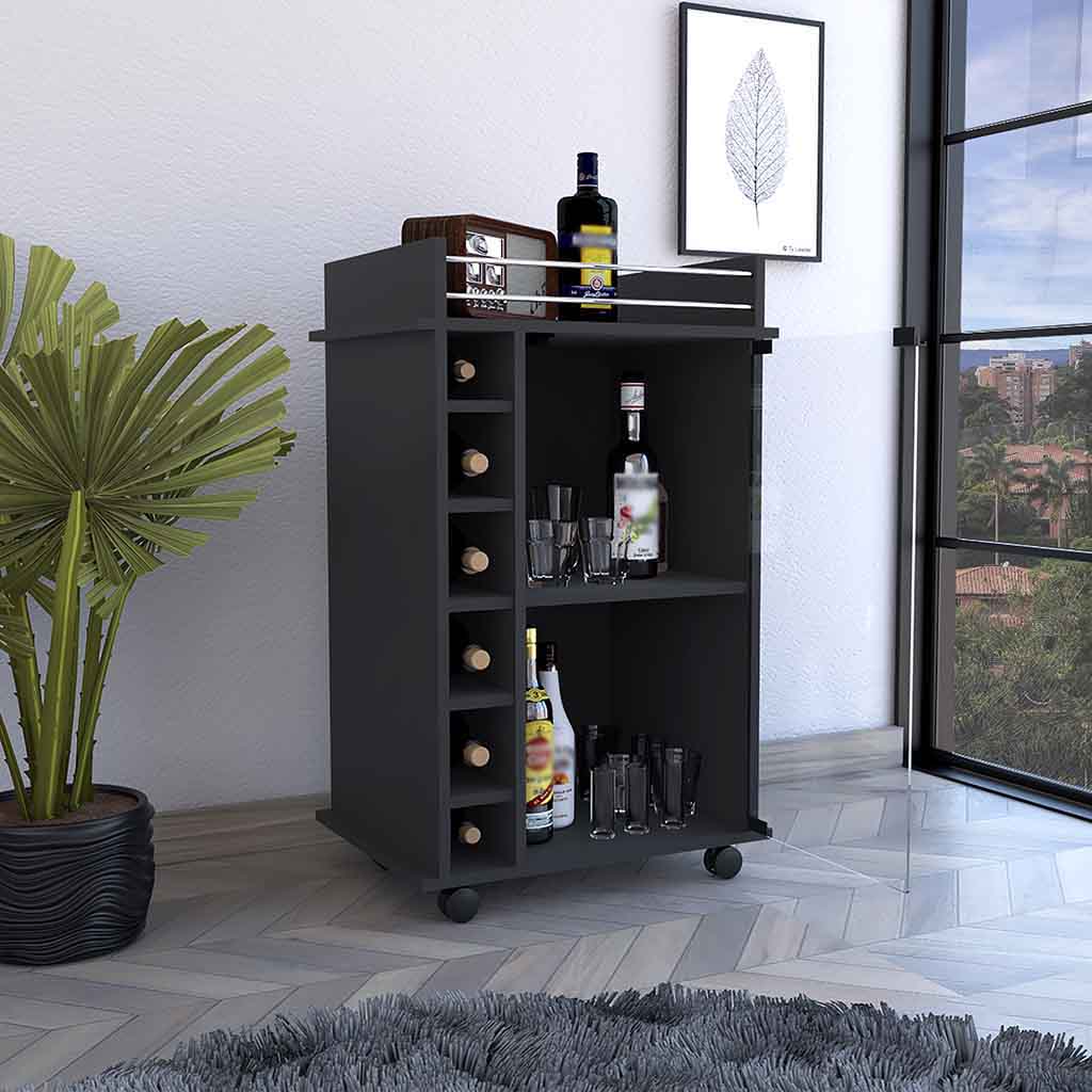 Dark gray modern bar cart with wine bottle storage and glasses