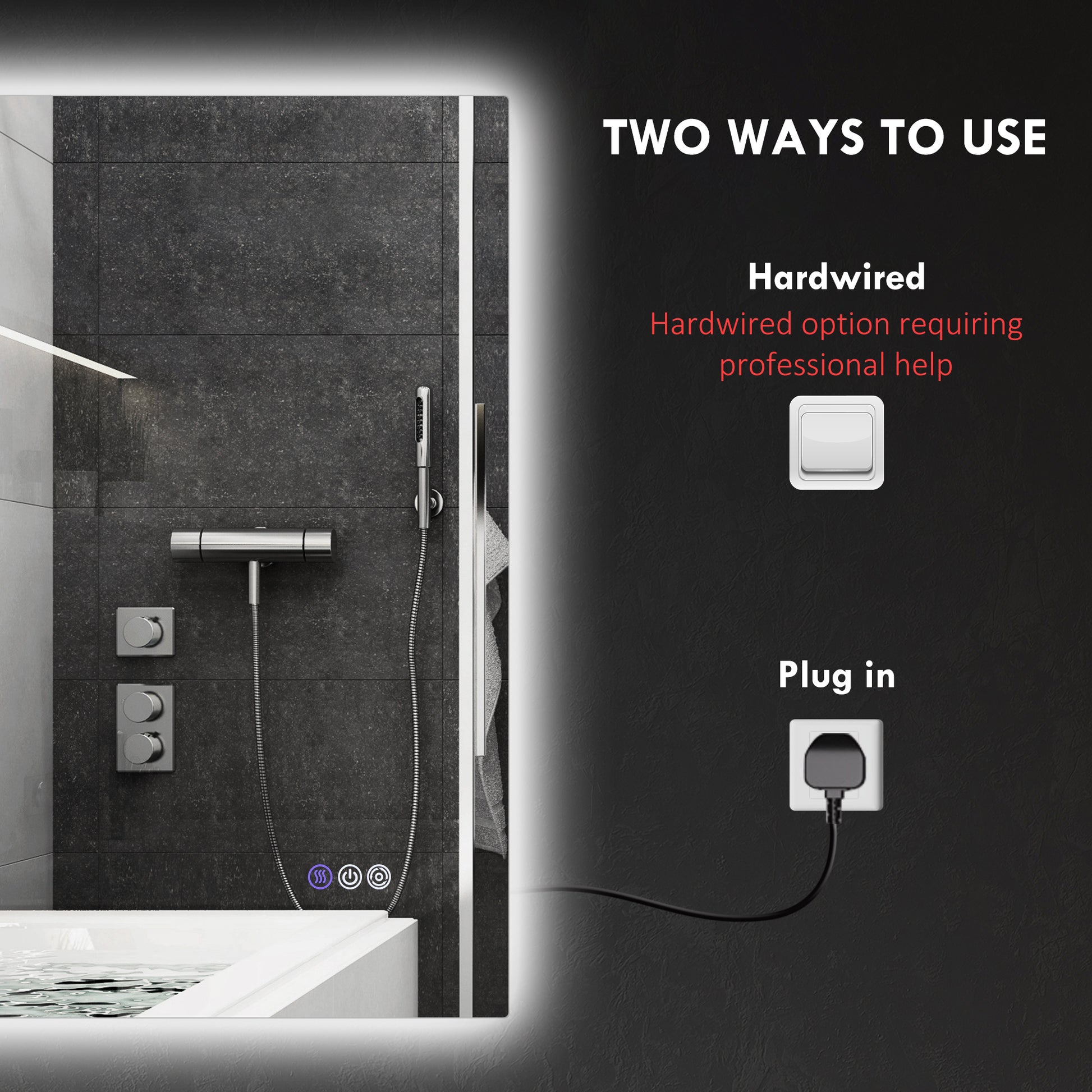 Modern LED bathroom mirror with dual power options plug in or hardwired