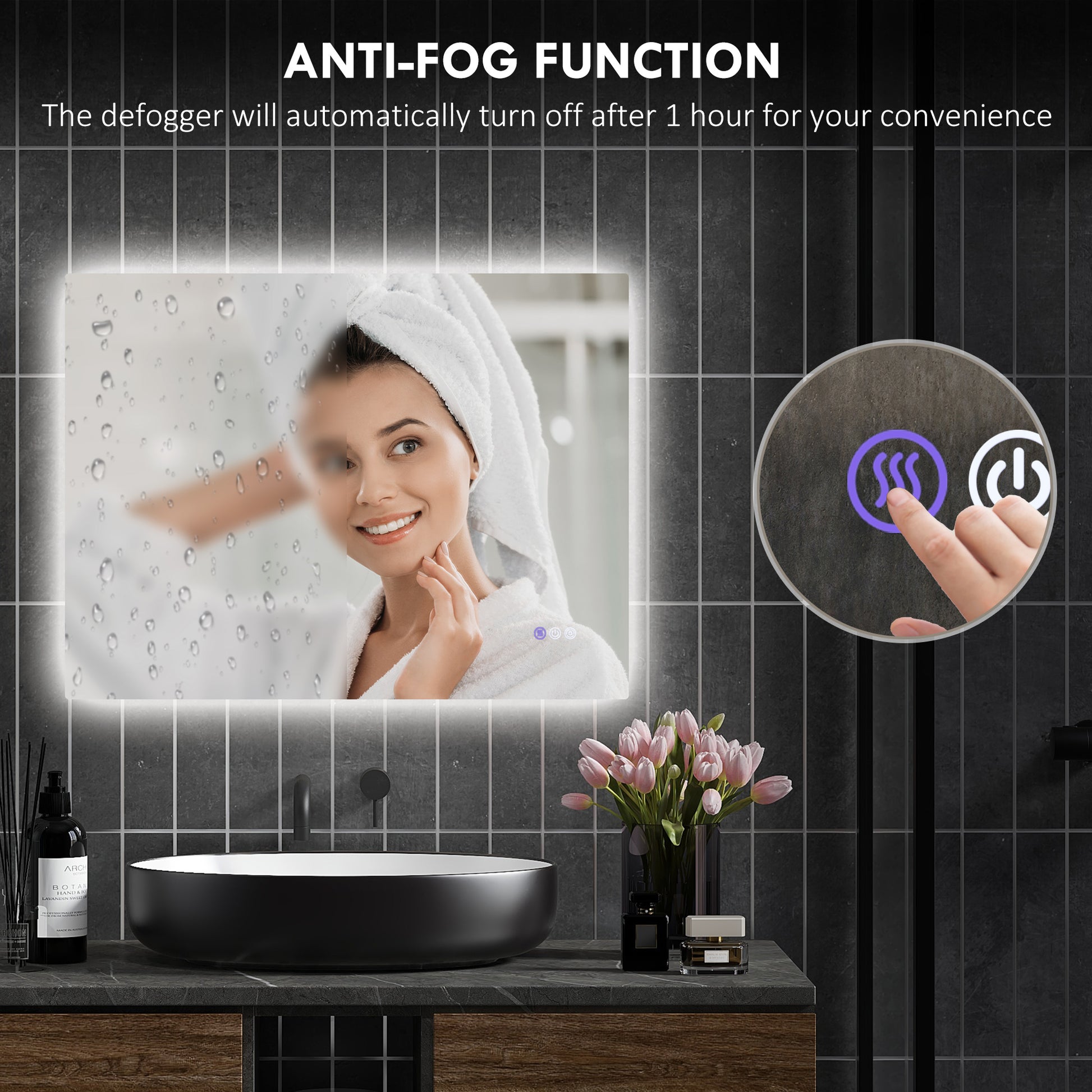 Modern bathroom vanity with black vessel sink and integrated LED mirror