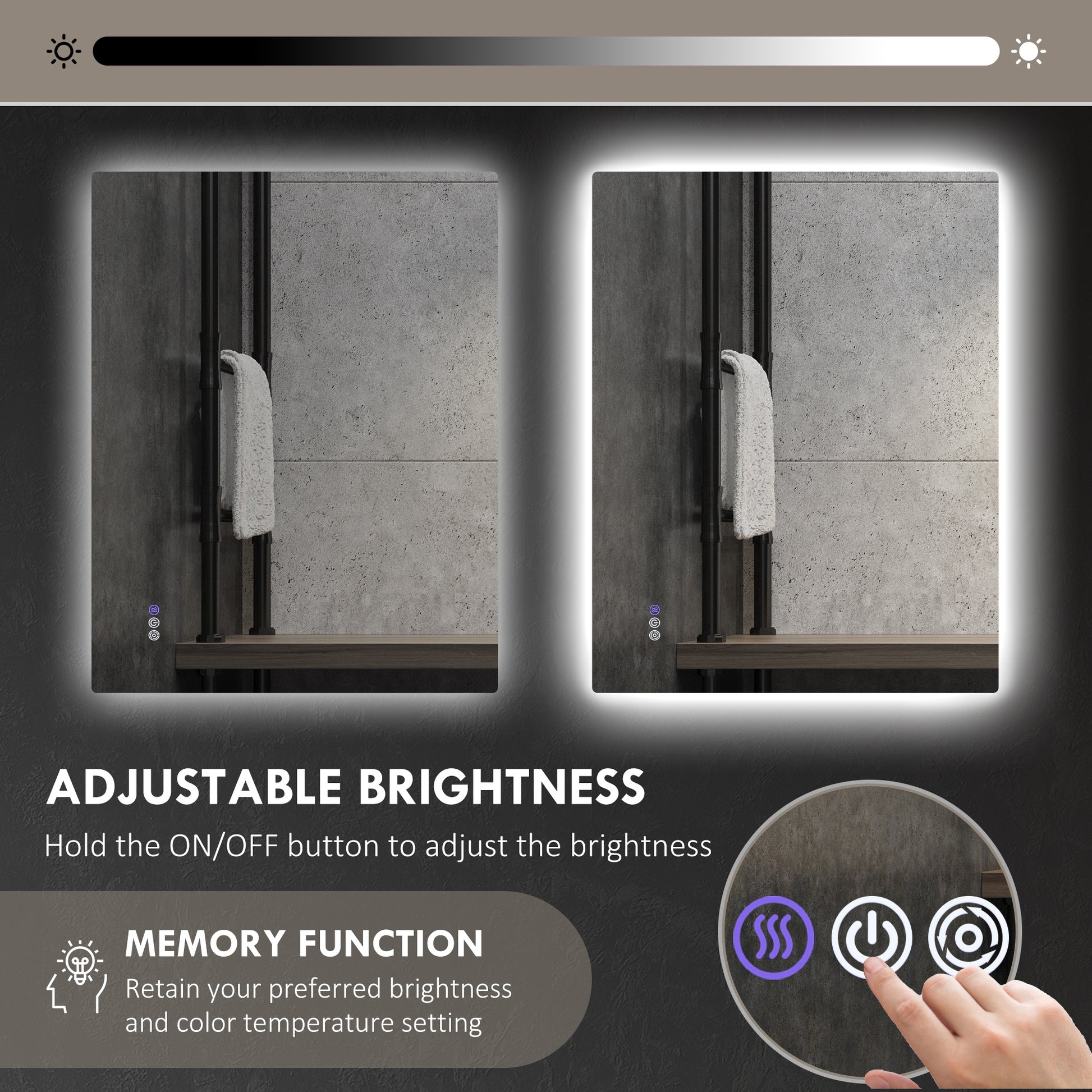 Modern backlit bathroom mirror with adjustable brightness and memory function