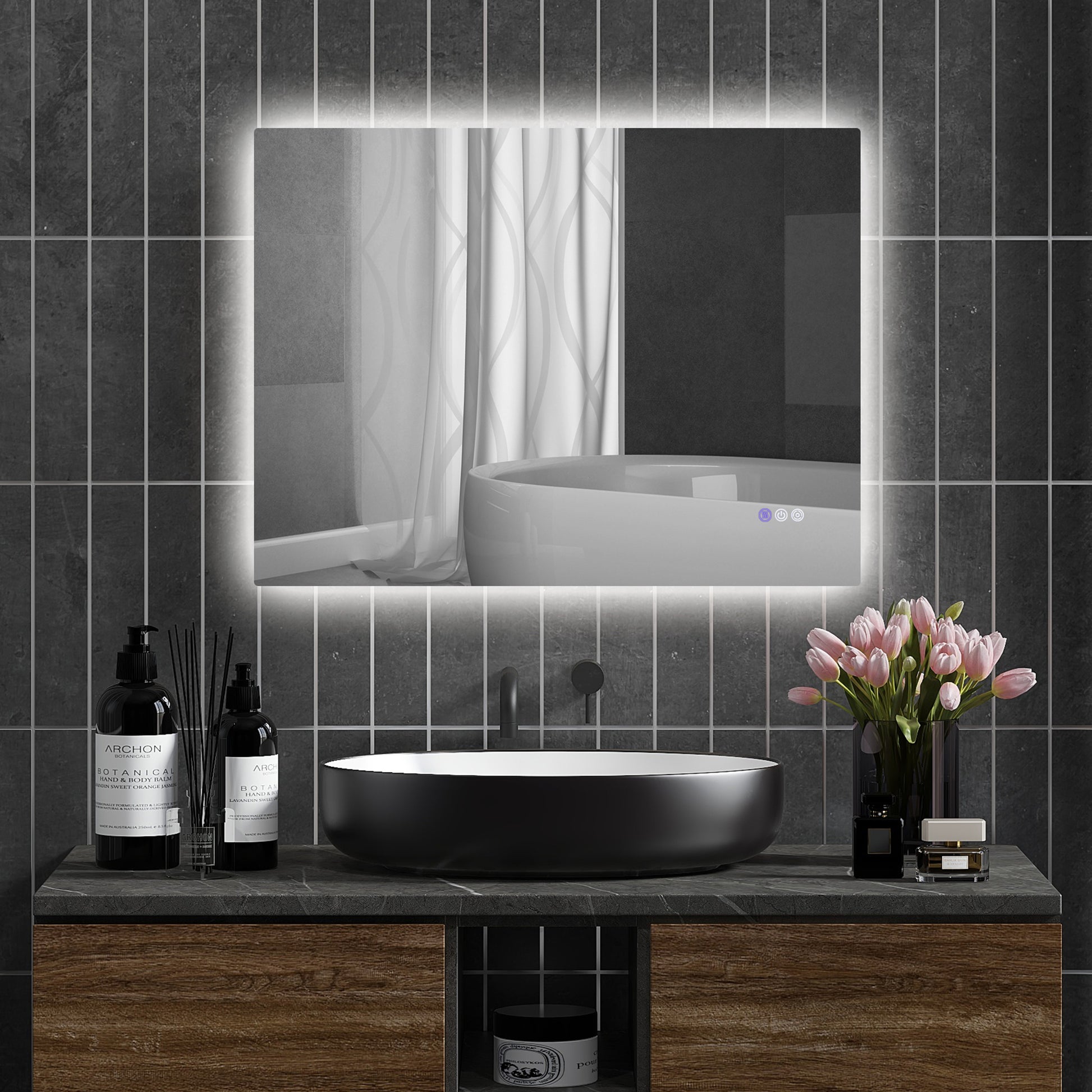 Modern bathroom vanity with black vessel sink wooden drawers and marble countertop