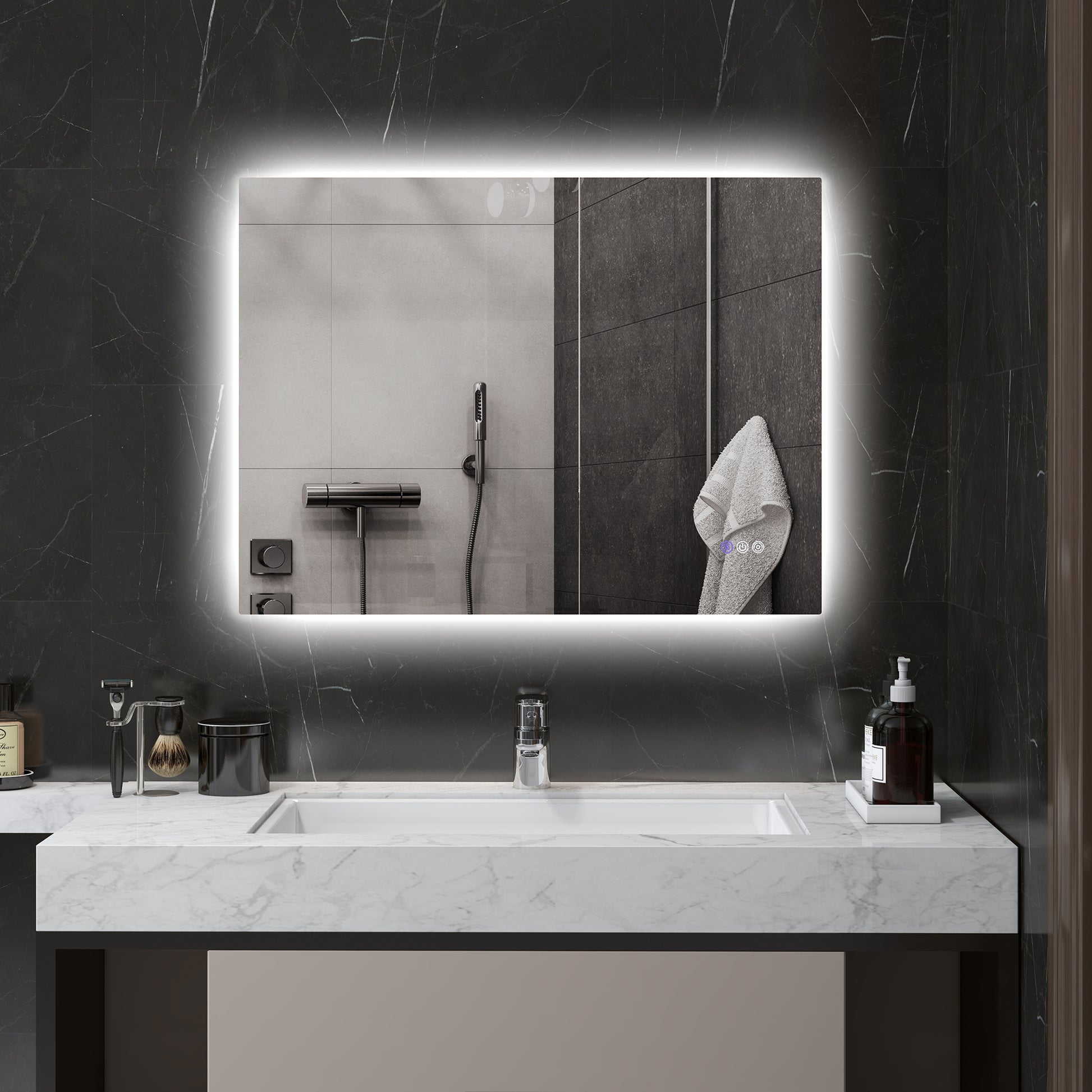 Modern backlit bathroom mirror with touch controls for grooming