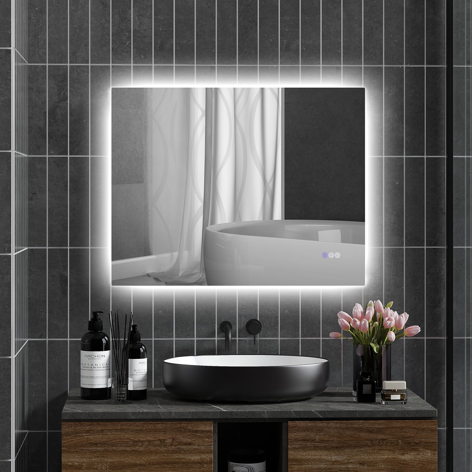 Modern bathroom vanity with integrated LED illuminated mirror and black vessel sink