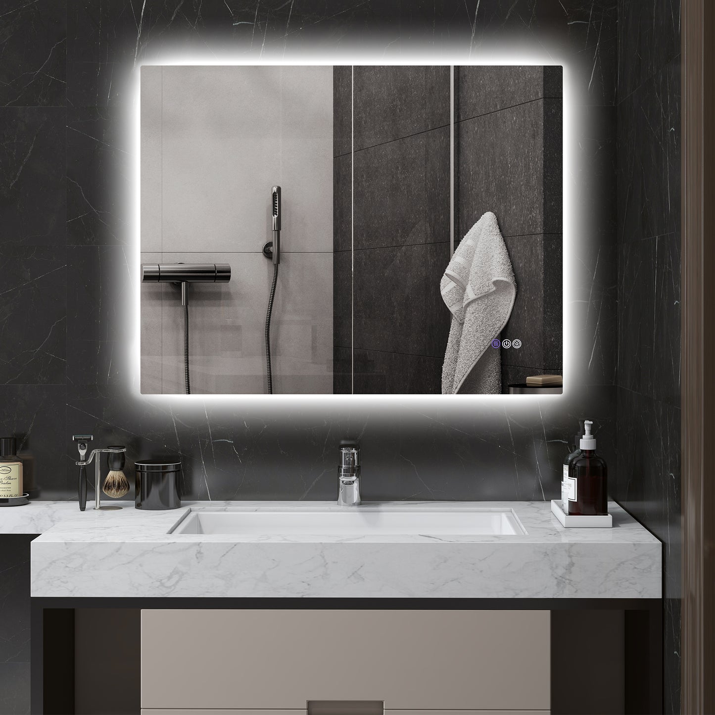 Rectangular illuminated bathroom mirror with touch controls and integrated LED lighting
