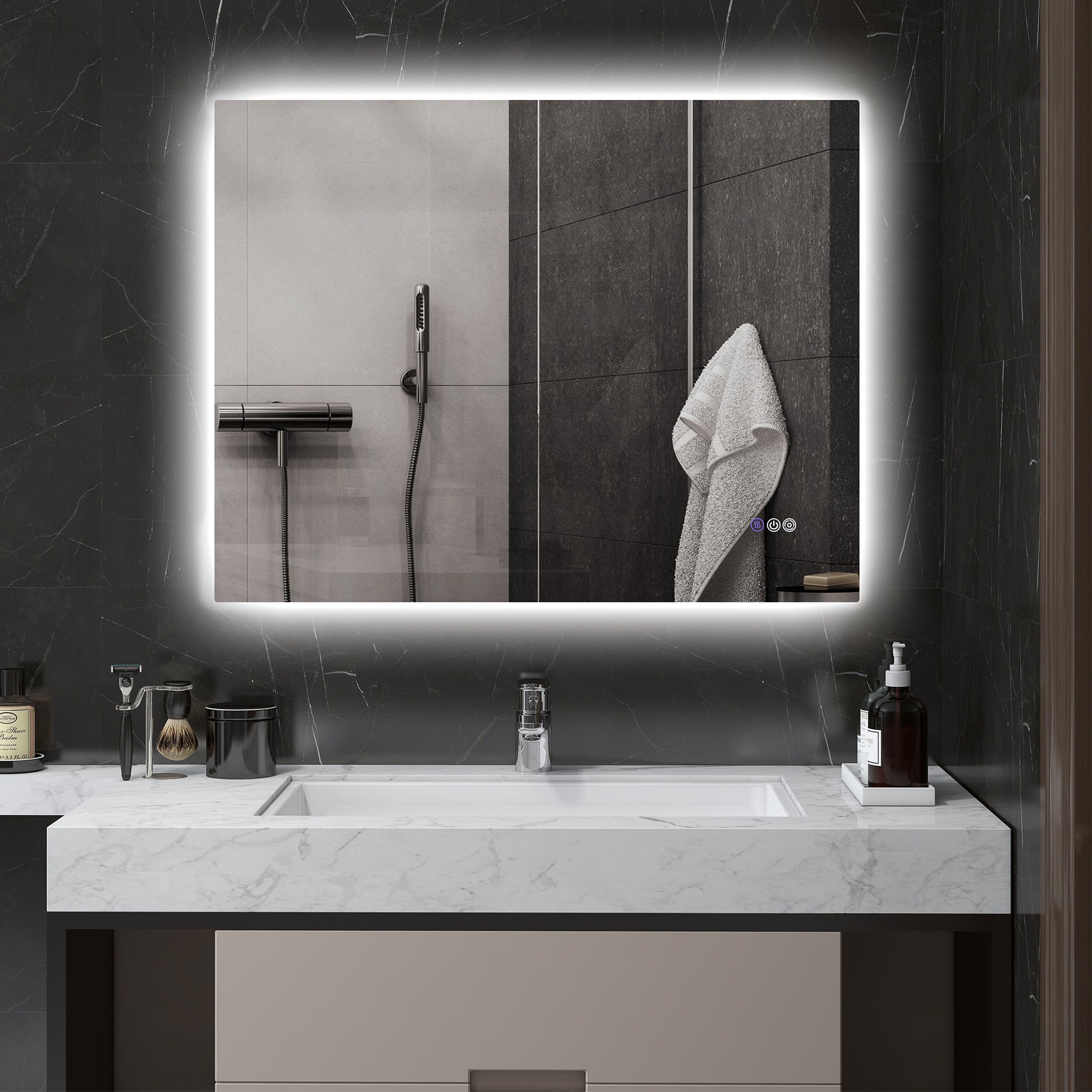 Rectangular illuminated bathroom mirror with touch controls and integrated LED lighting