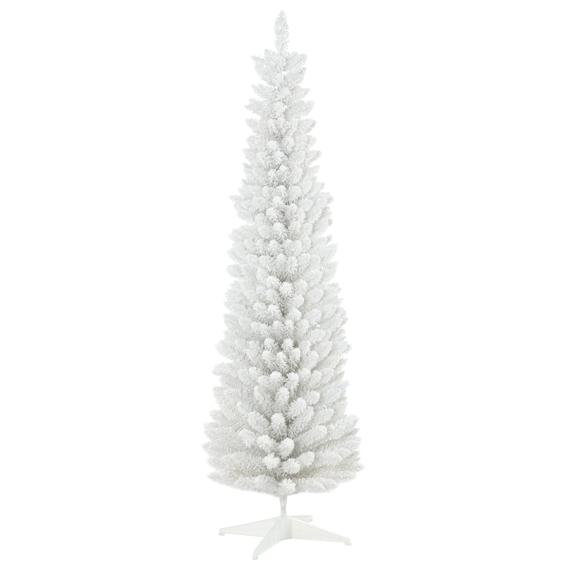 Flocked artificial Christmas tree in slender profile with white branches ft tall