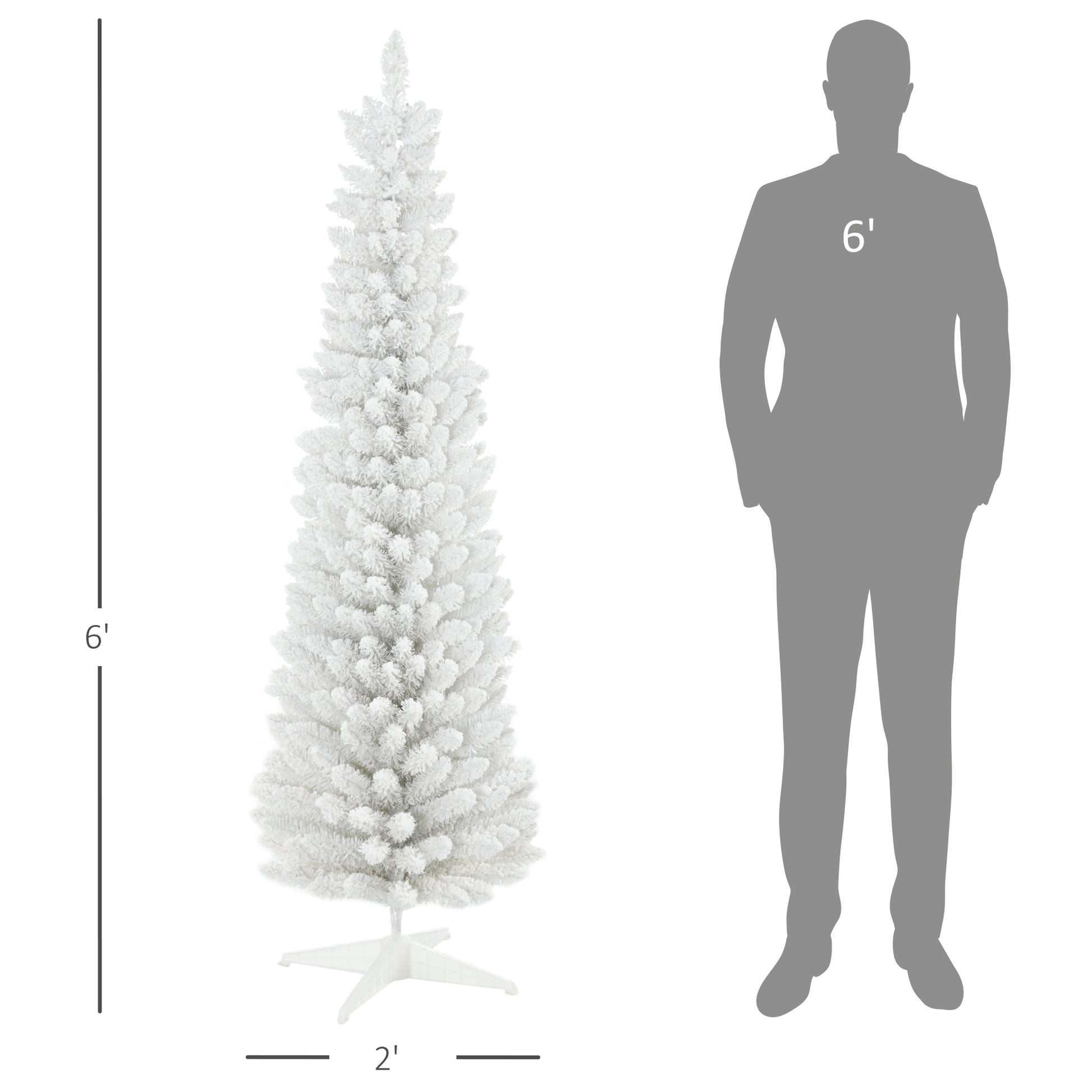 A tall slender foot artificial white Christmas tree with a flocked snowlike appearance