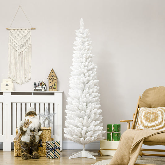 White flocked artificial Christmas tree with realistic branches and a stable stand