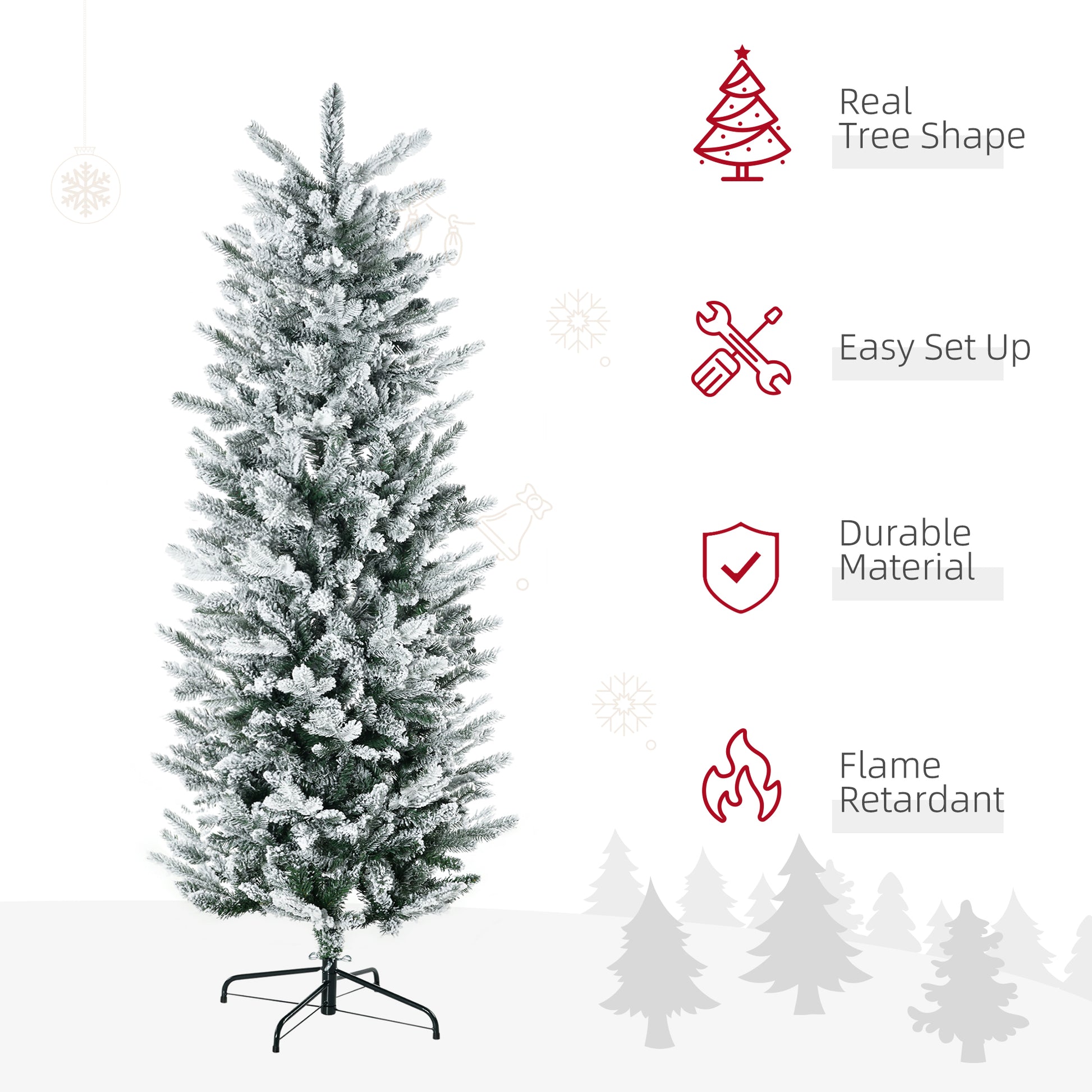 Flocked artificial Christmas tree with dense branches and a natural shape ideal for holiday decor