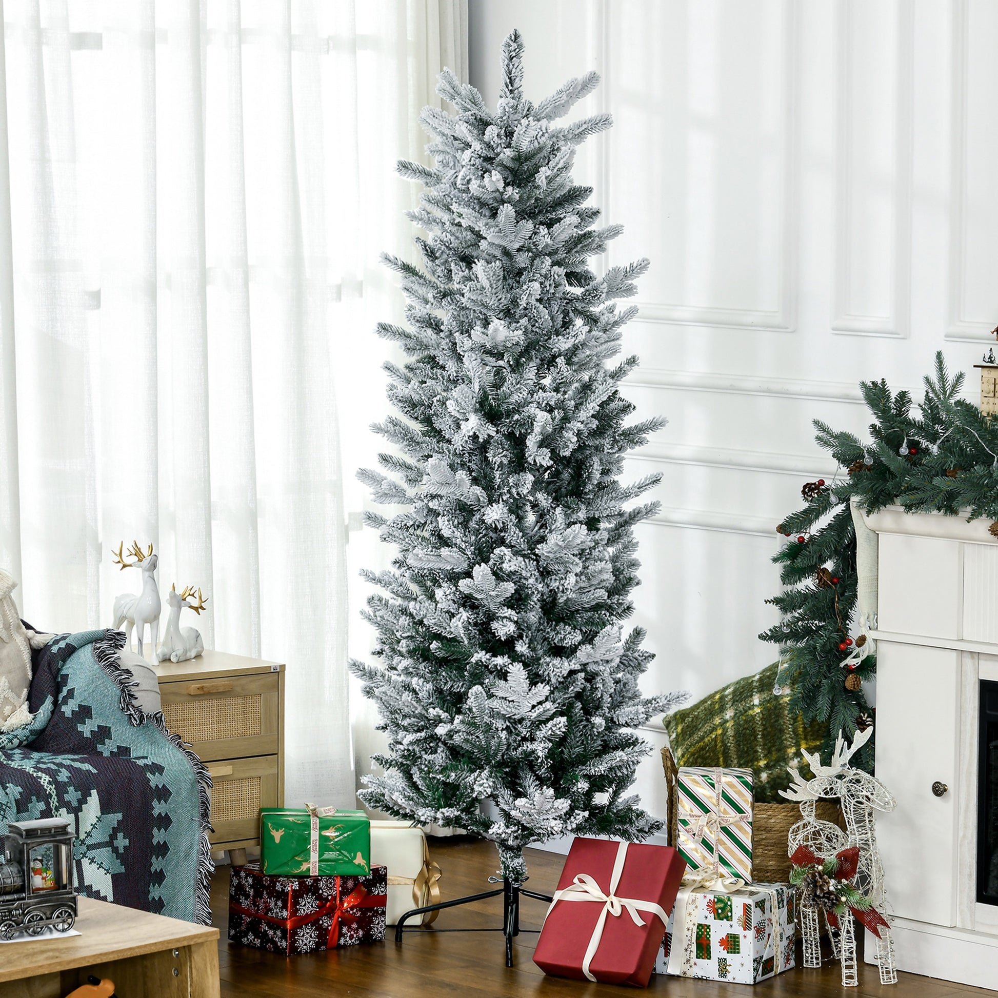 Flocked artificial Christmas tree with realistic snowy branches ideal for festive decor