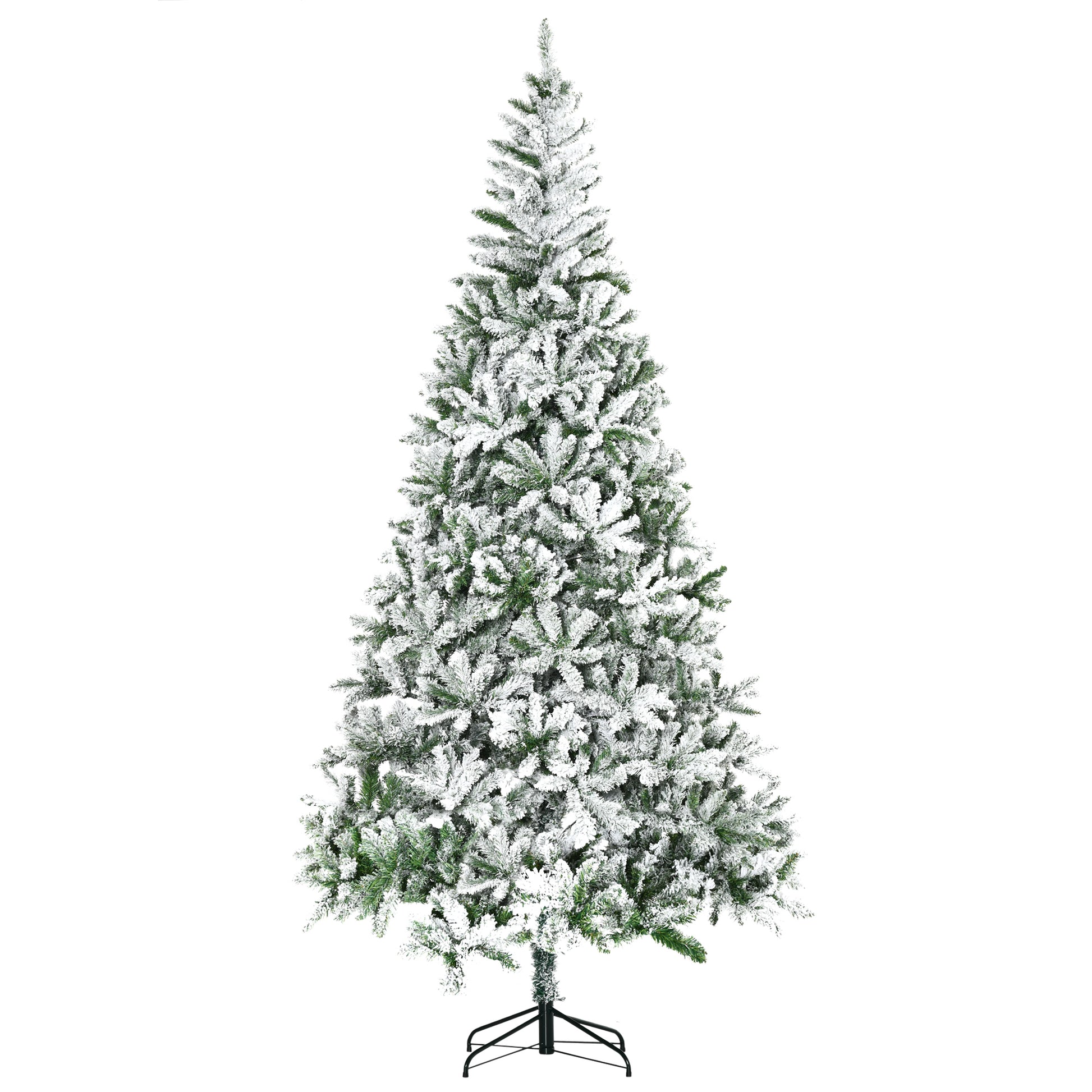 Flocked artificial Christmas tree with green pine needles and white snow dusting
