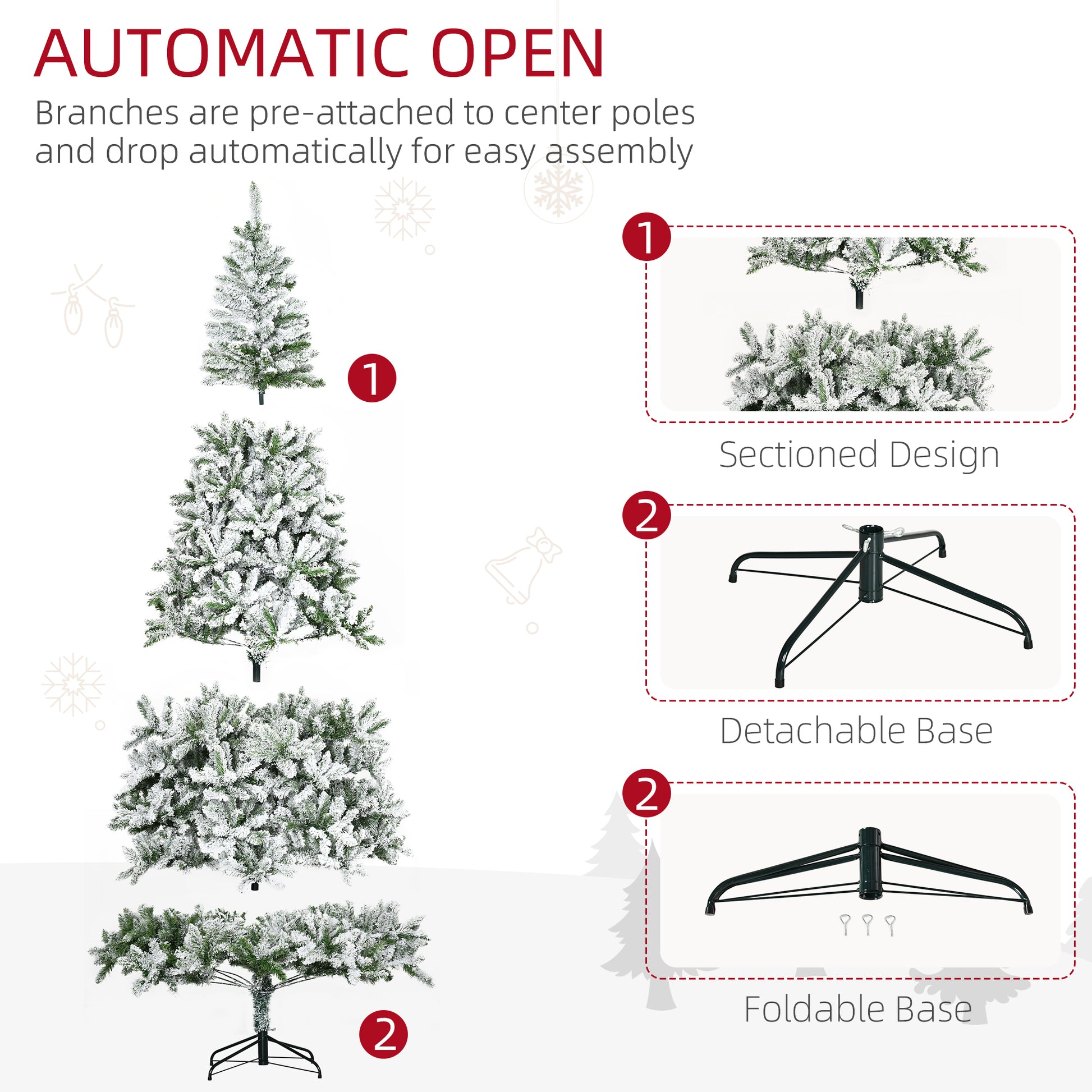 Flocked artificial Christmas tree with branches preattached for automatic setup