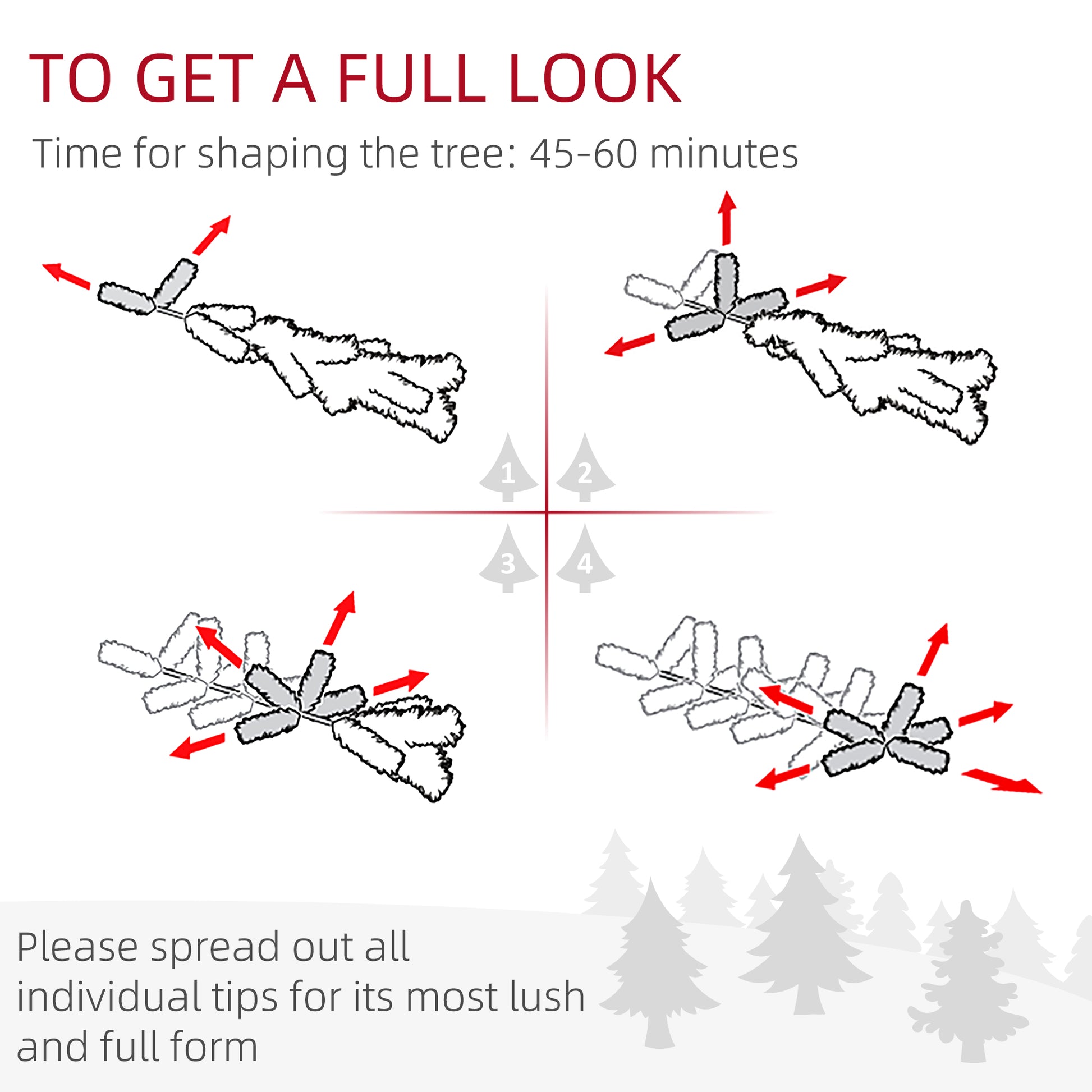 Diagram showing how to shape artificial tree branches with red arrows