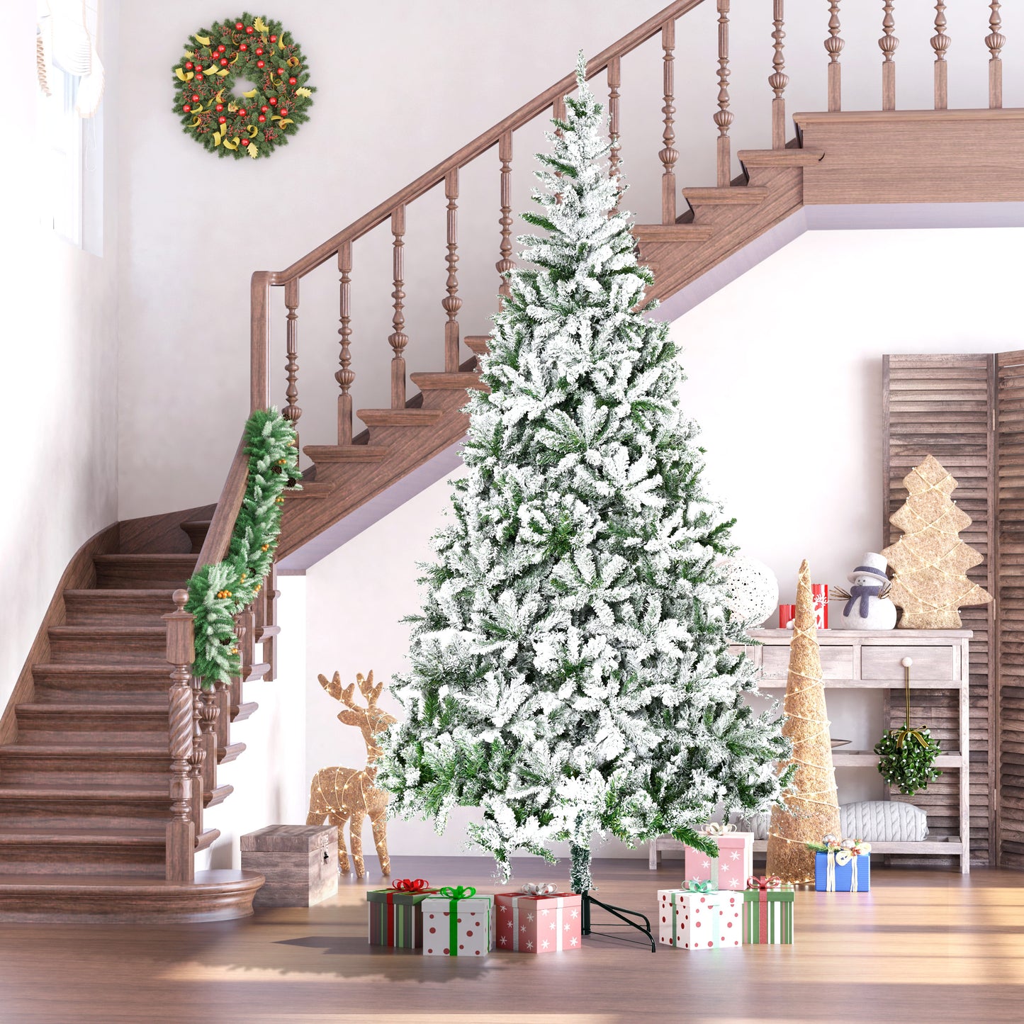 Flocked artificial Christmas tree with white snowlike tips ideal for holiday decor