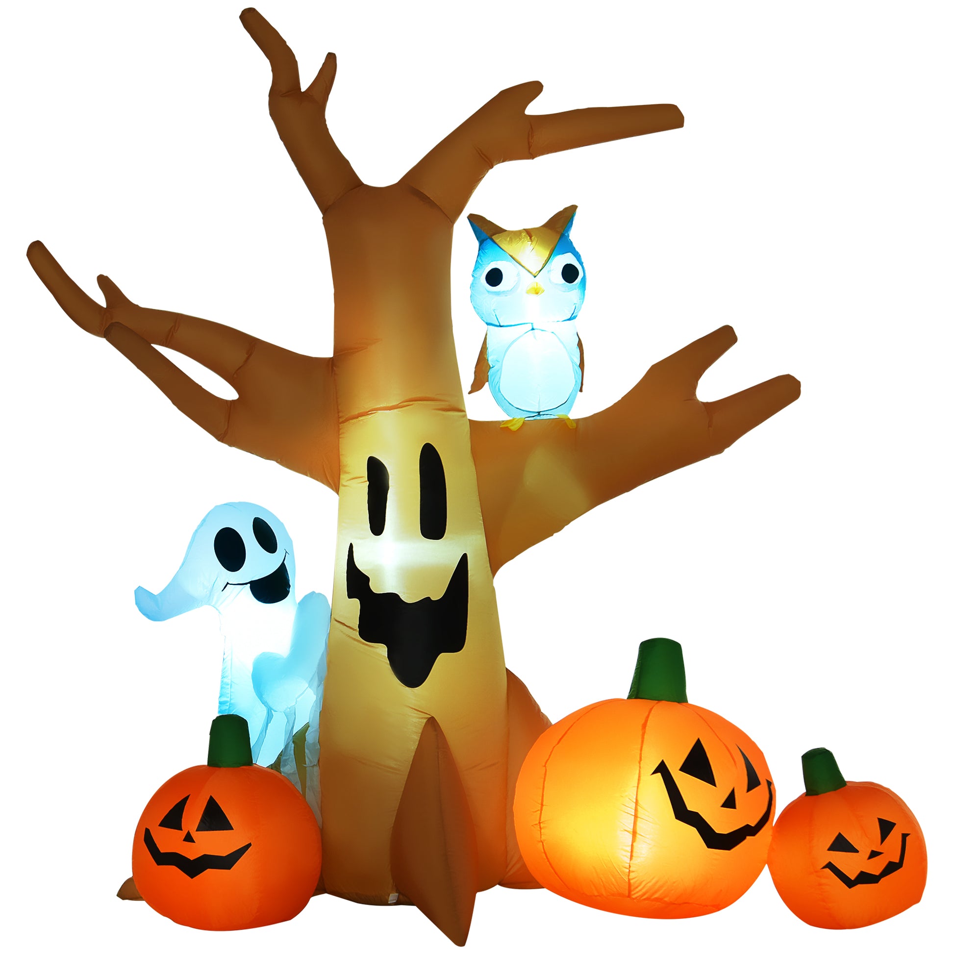 Inflatable Halloween tree with ghost owl and pumpkins for spooky yard decor