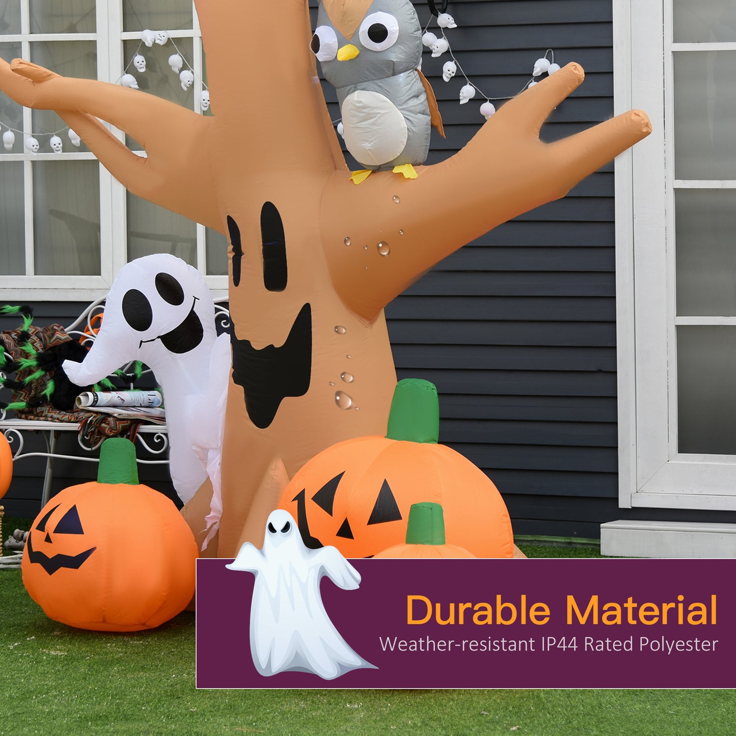 Inflatable Halloween tree with friendly ghost jackolanterns and owl decoration