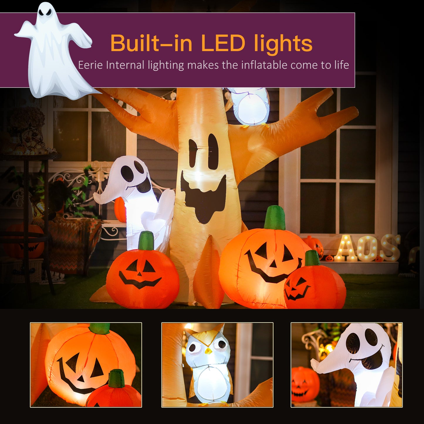 Inflatable Halloween tree with builtin LED lights and ghost decoration