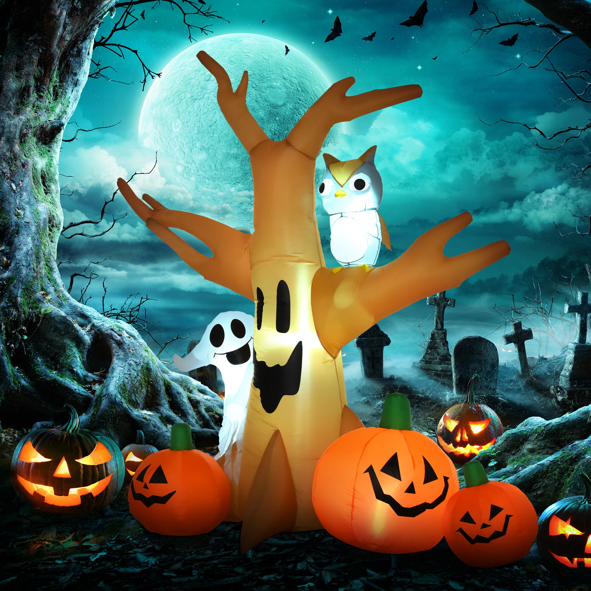 Inflatable Halloween tree with ghost owl and pumpkins under a full moon