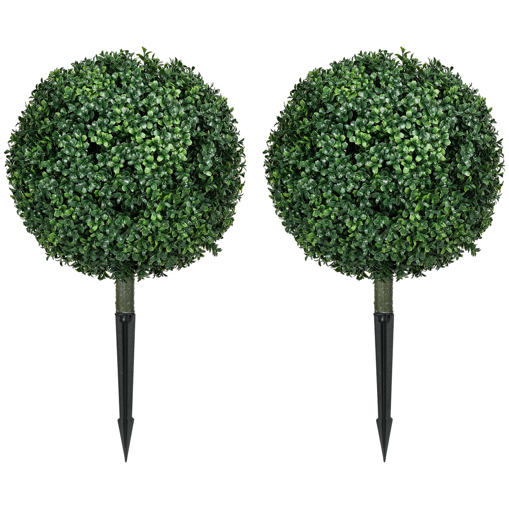 Two artificial green boxwood topiaries with black stakes for garden decor