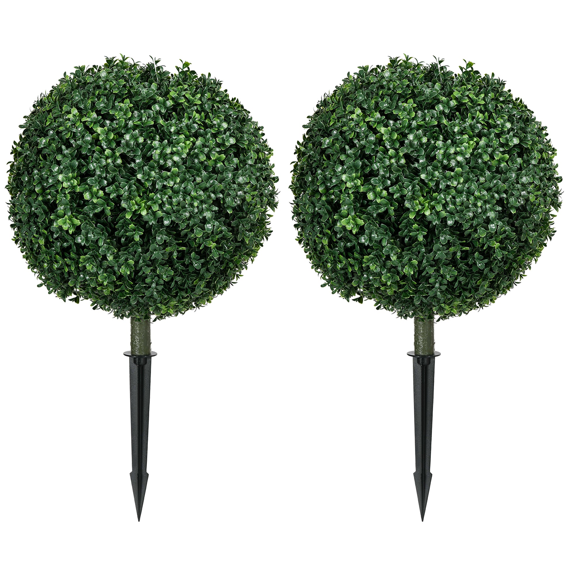 Two artificial green boxwood topiaries with black stake bases perfect for garden decor
