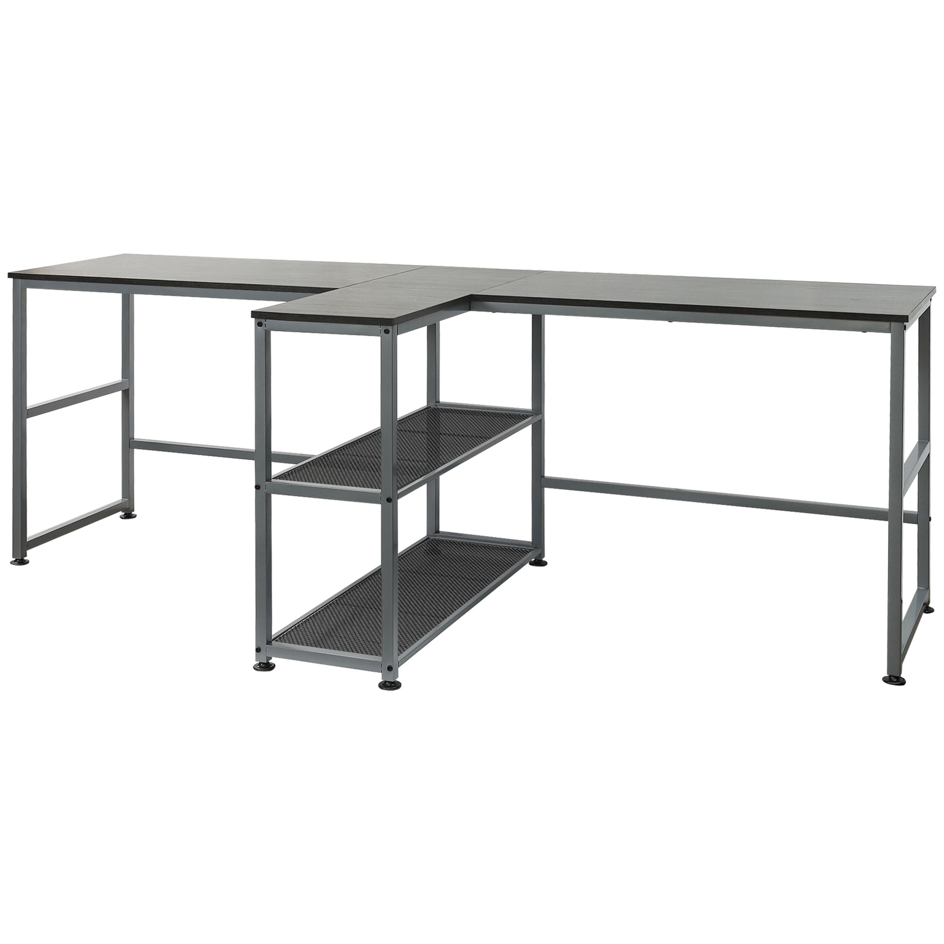 Dark wood Lshaped desk with gray metal frame and three shelves