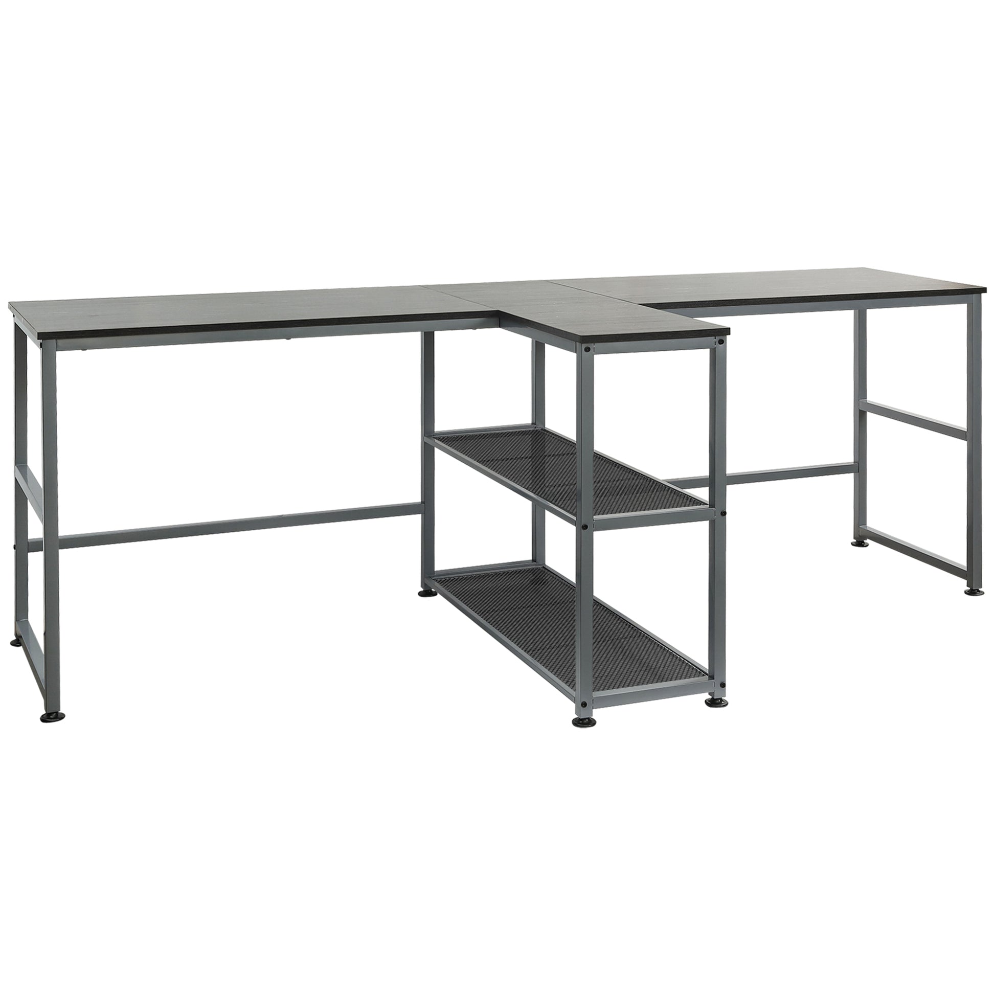 Spacious Lshaped desk with black wood top and grey metal frame offering ample workspace