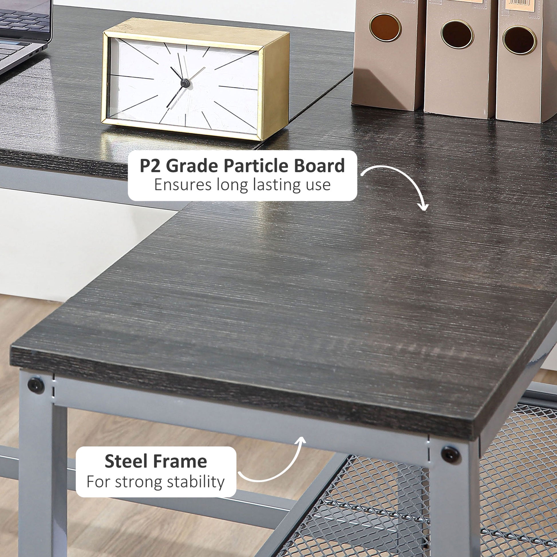 Dark wood grain P particle board tabletop on a silver steel frame desk perfect for home office setups