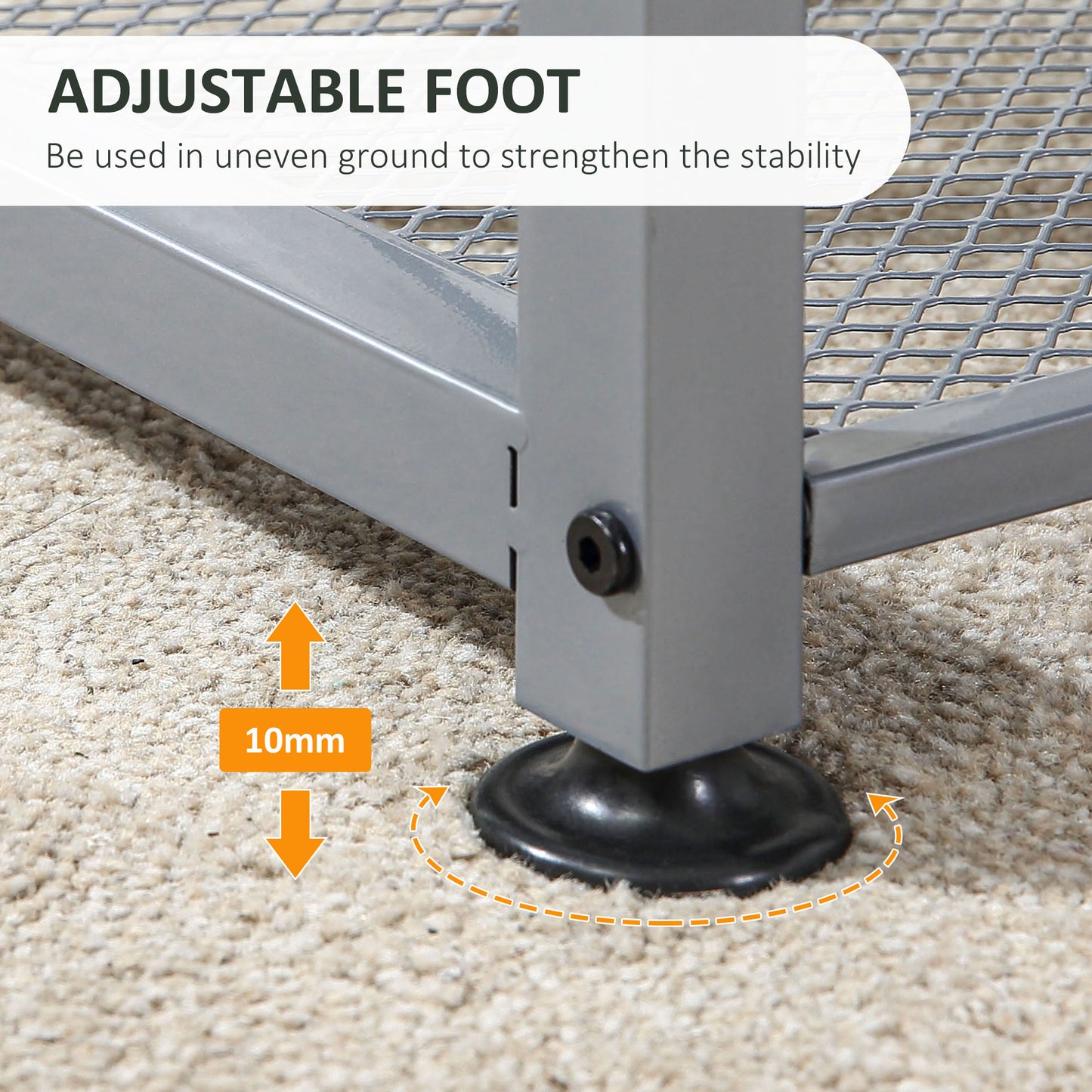 Gray metal furniture leg with adjustable black rubber foot on carpet