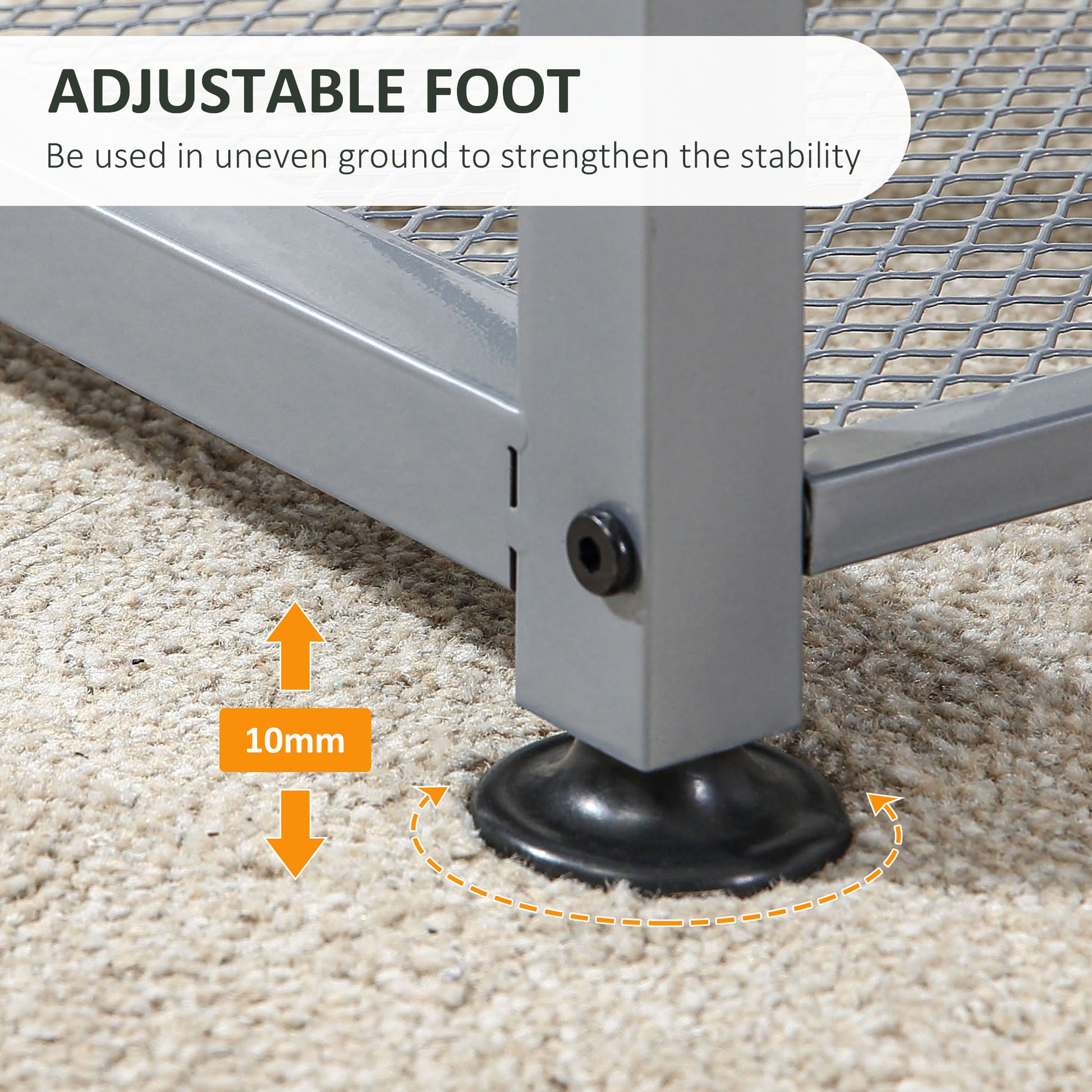 Gray metal furniture leg with adjustable black rubber foot on carpet