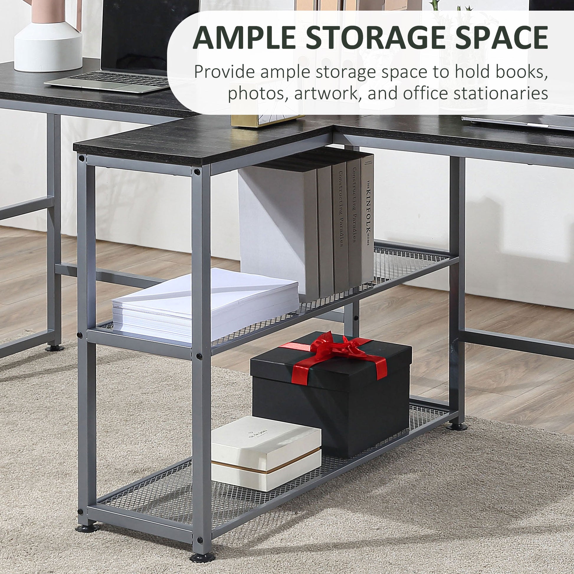 Black Lshaped desk with open shelving unit holding books and boxes
