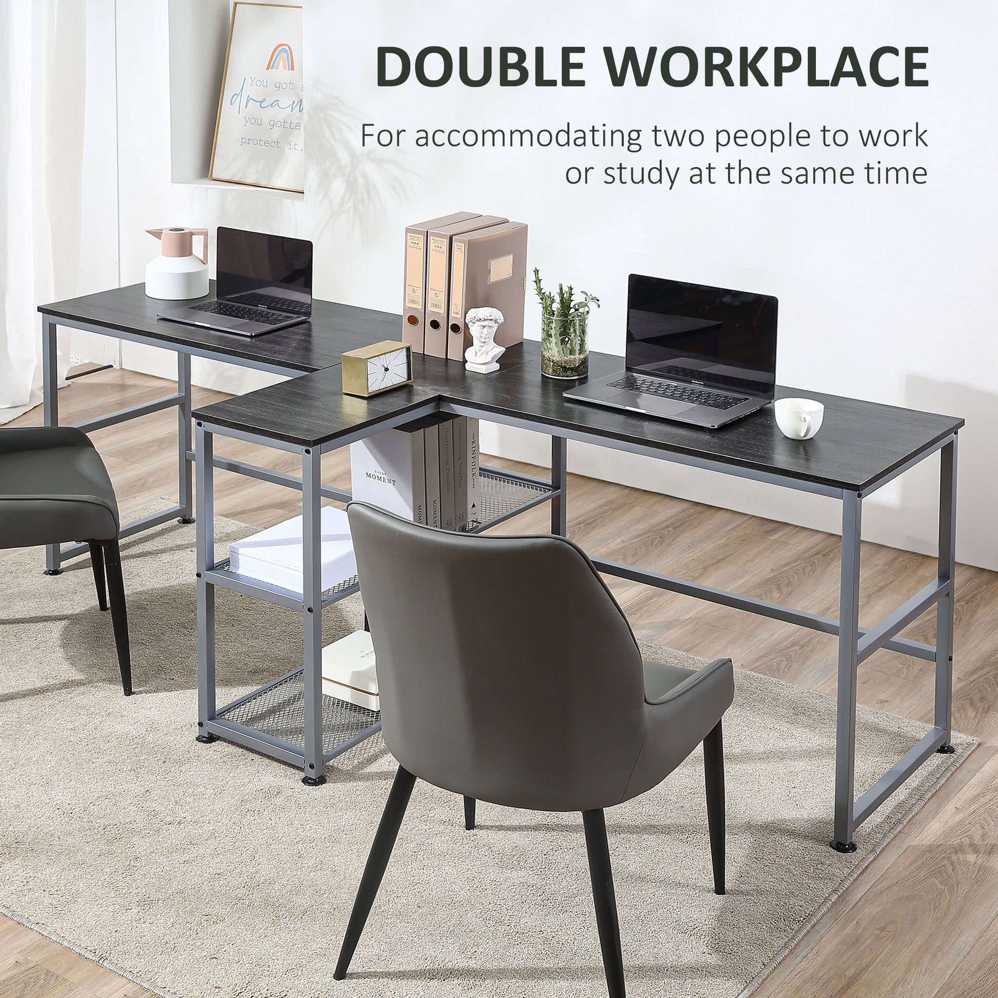 Lshaped dark wood computer desk with metal frame ideal for double home office setups