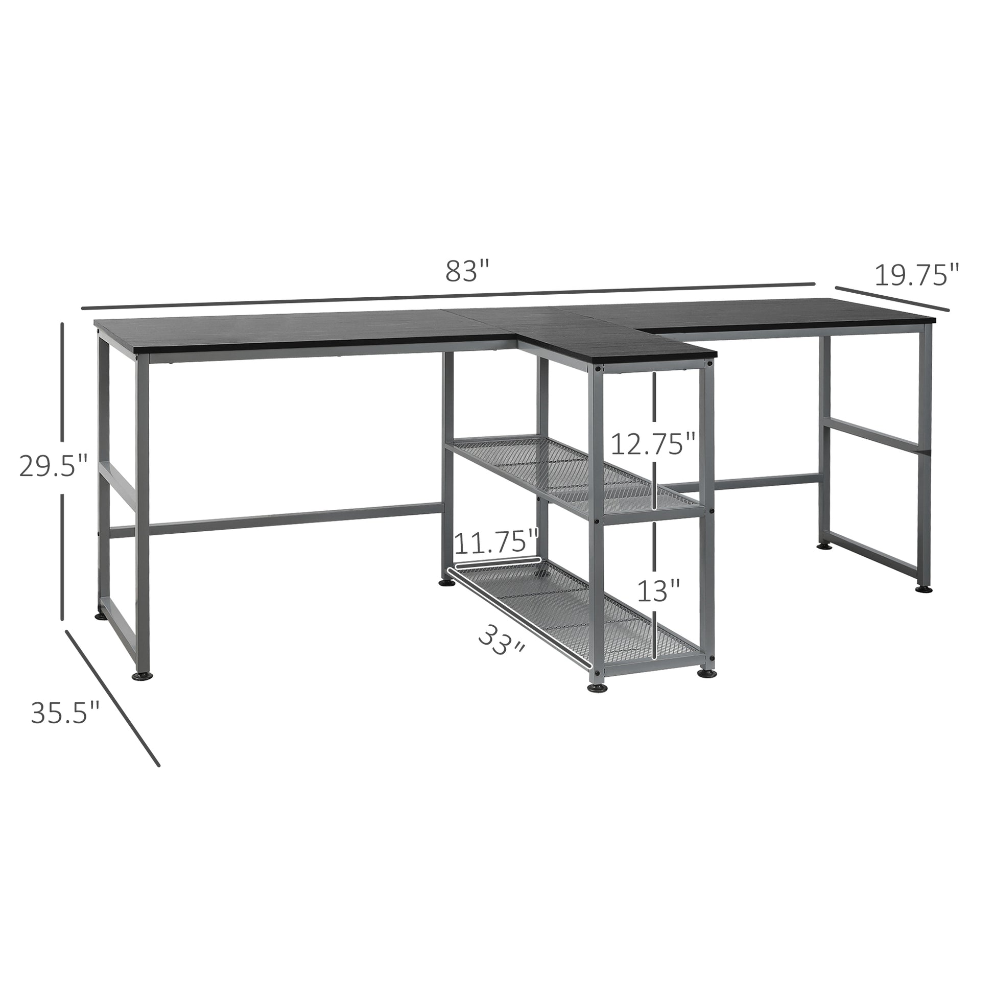 Lshaped black wood computer desk with metal frame and builtin shelving