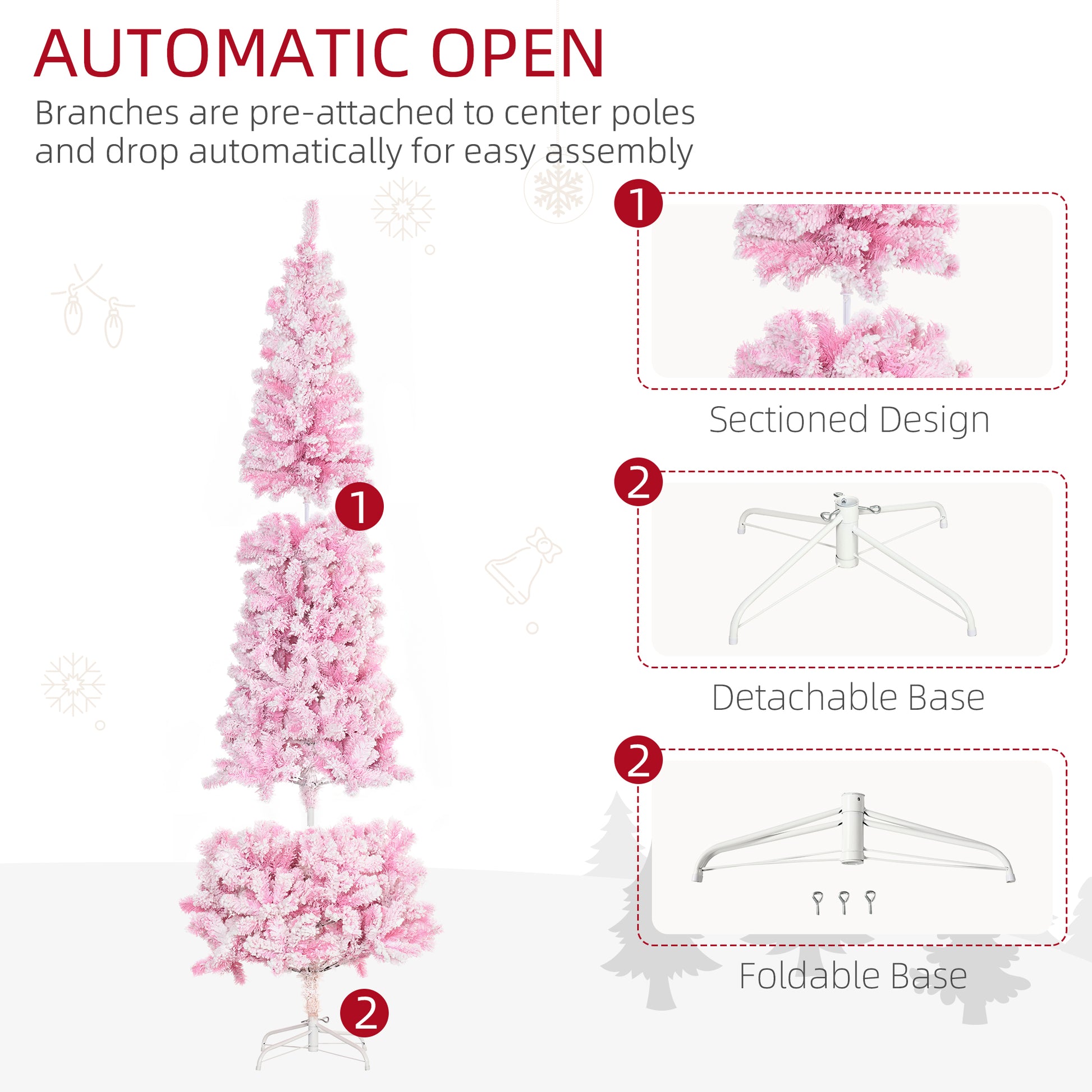 Pink flocked artificial Christmas tree with automatic open design