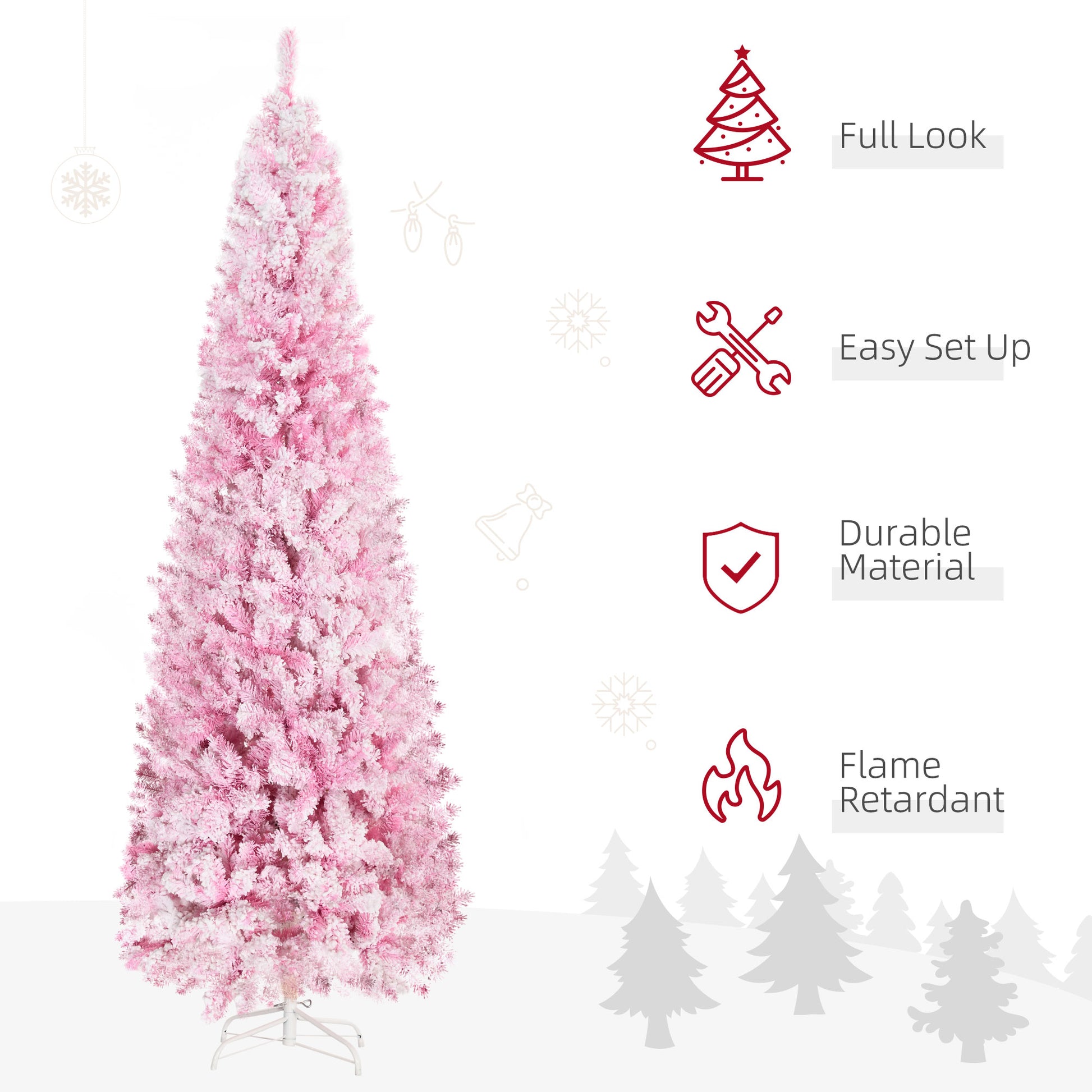 Pink artificial Christmas tree with flocked branches and white stand