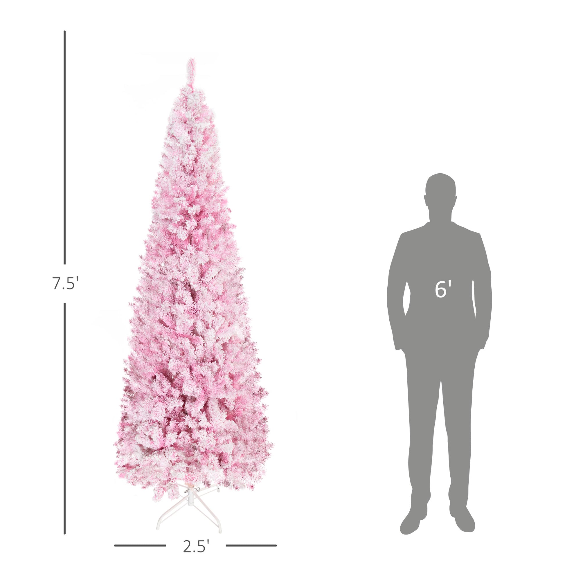 A foot flocked pink artificial Christmas tree with a white metal stand shown next to a foot silhouette