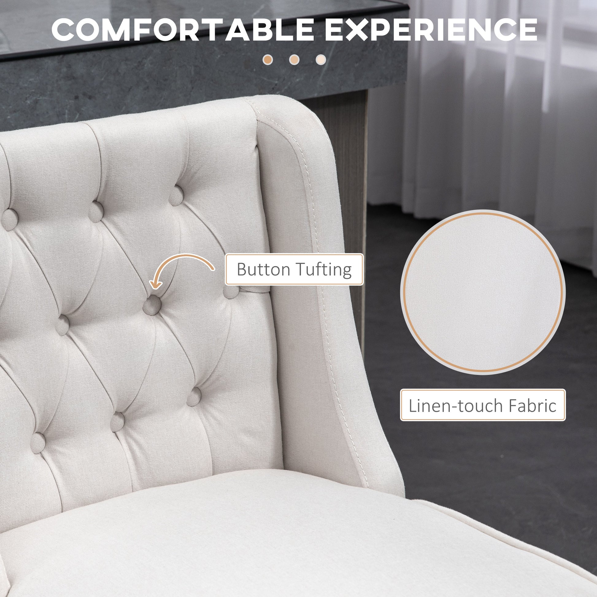 Closeup of beige fabric accent chair with button tufting and linentouch upholstery