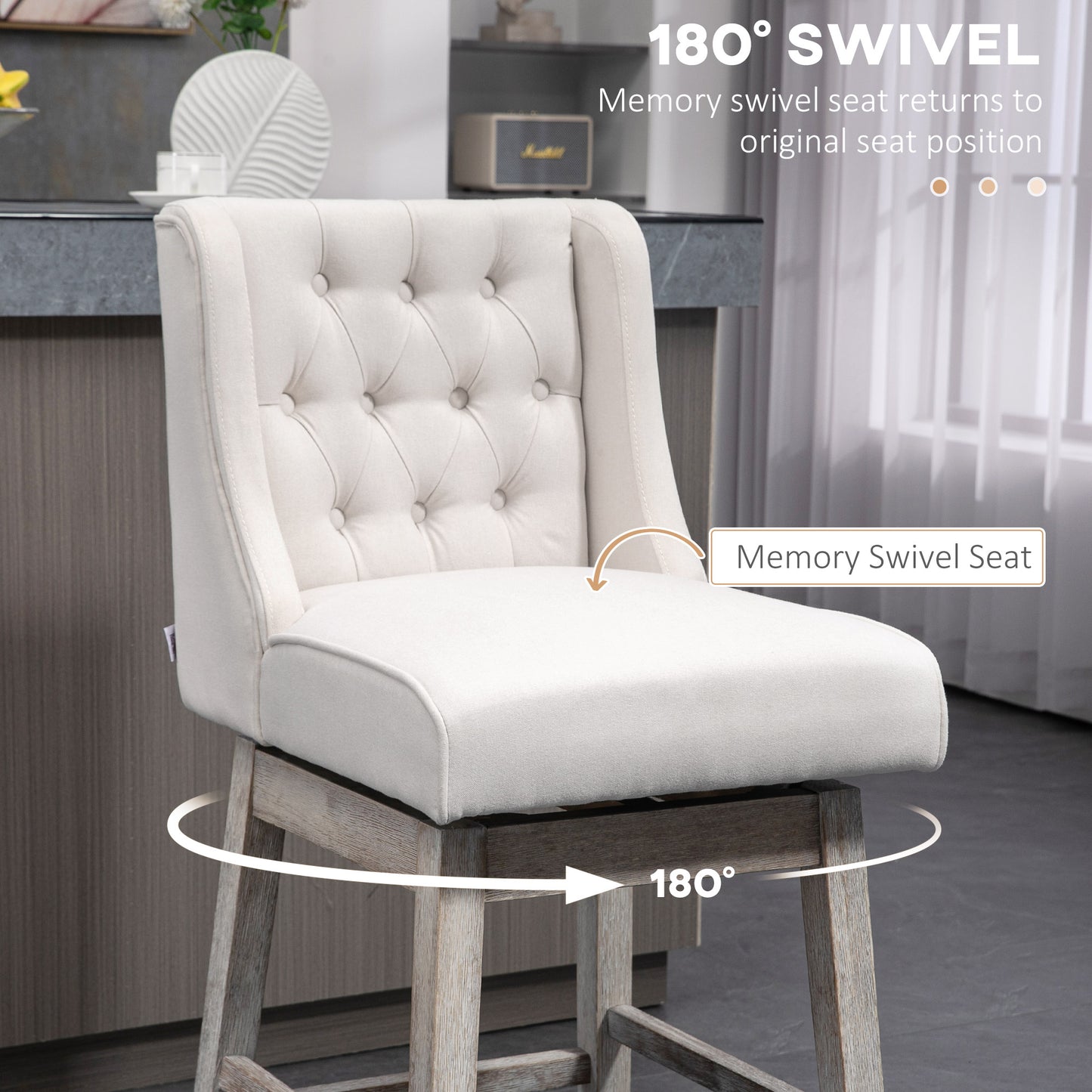 Tufted back cream upholstered bar stool with memory swivel seat