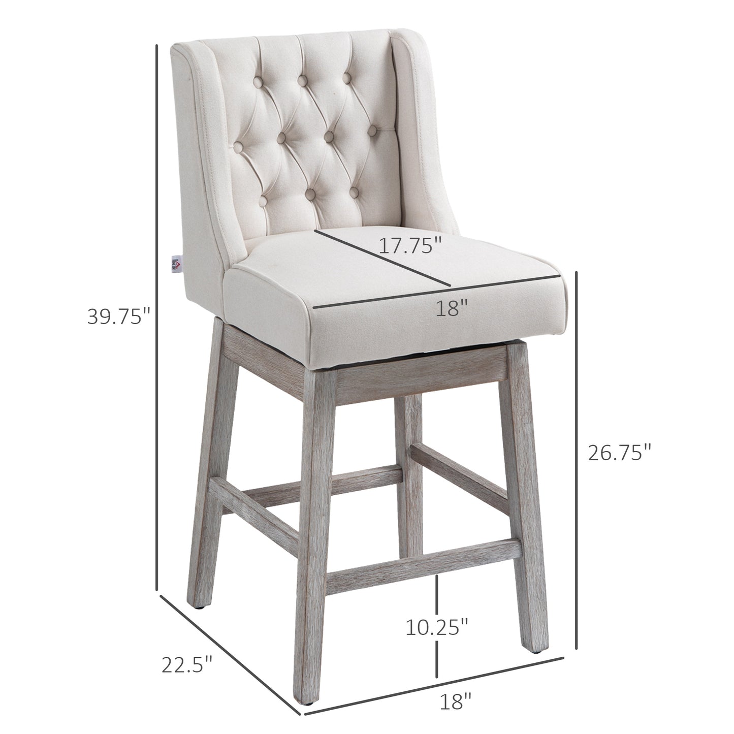 Tufted beige upholstered bar stool with a distressed gray wood base and swivel seat