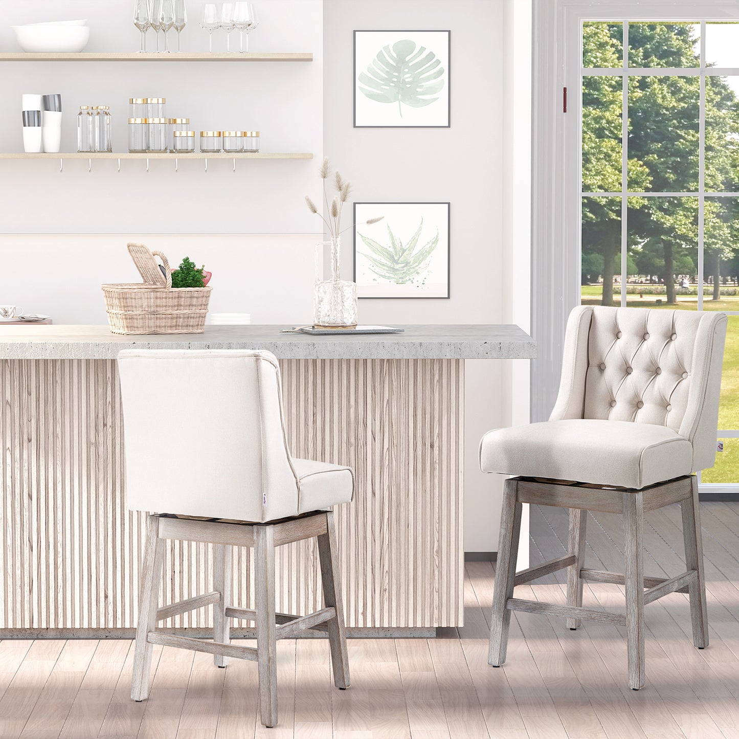 Tufted cream upholstered bar stool with distressed wood base and swivel function