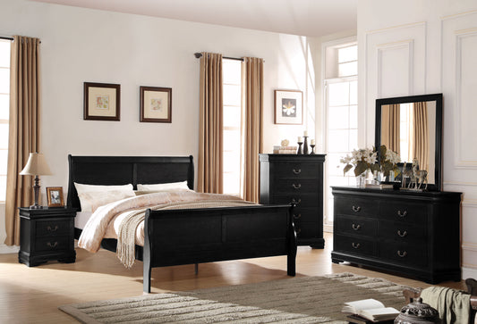 Black wooden sleigh bed frame with ornate headboard