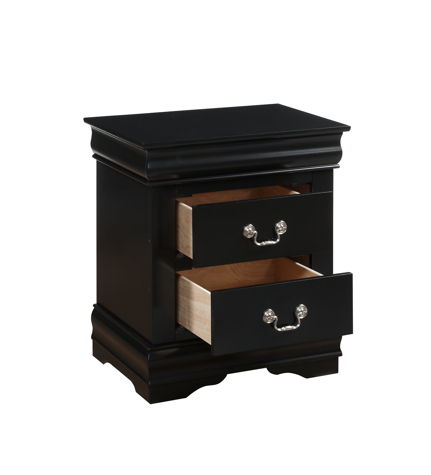 Black wood nightstand with two drawers featuring ornate silver hardware