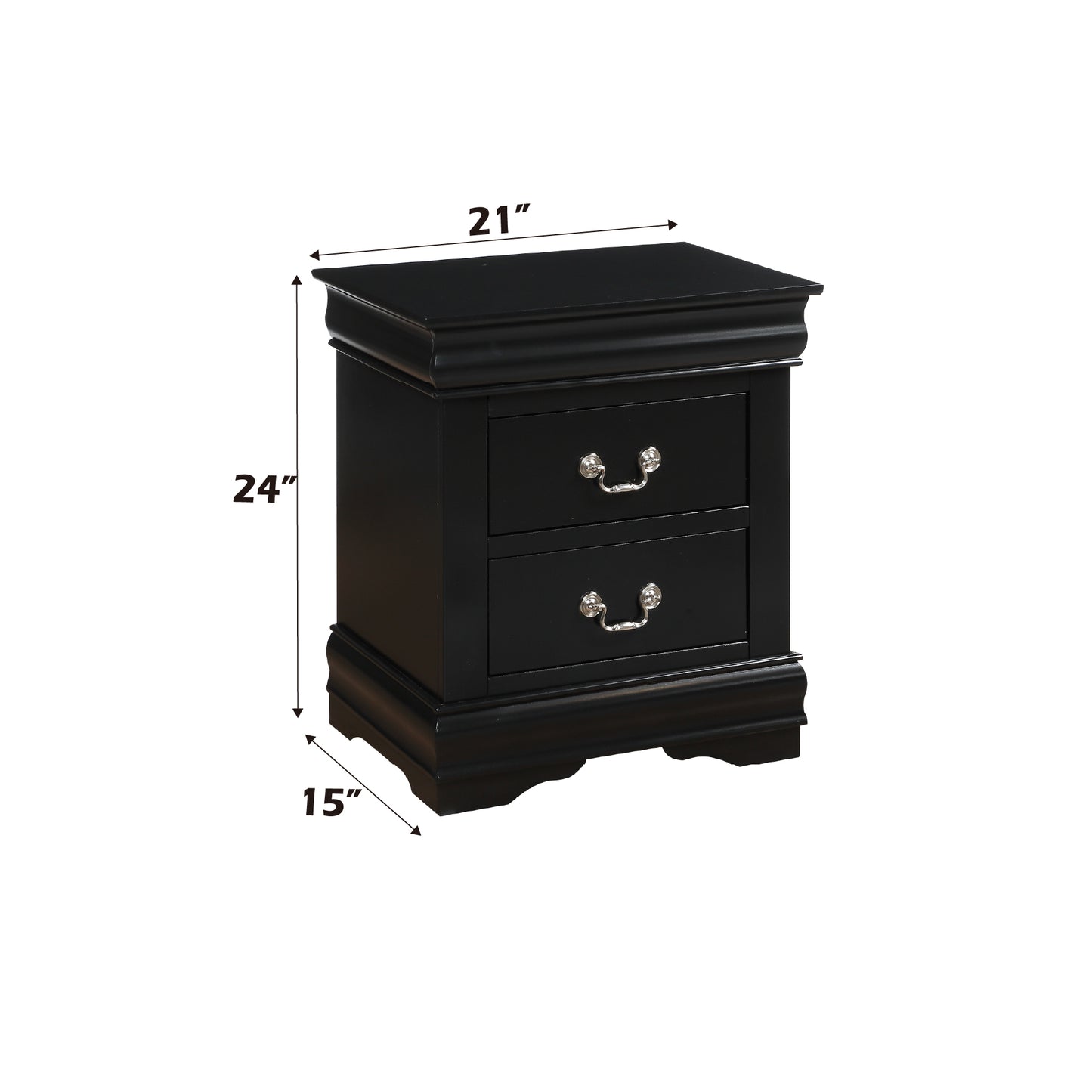 Black bedside table with two drawers and silver hardware