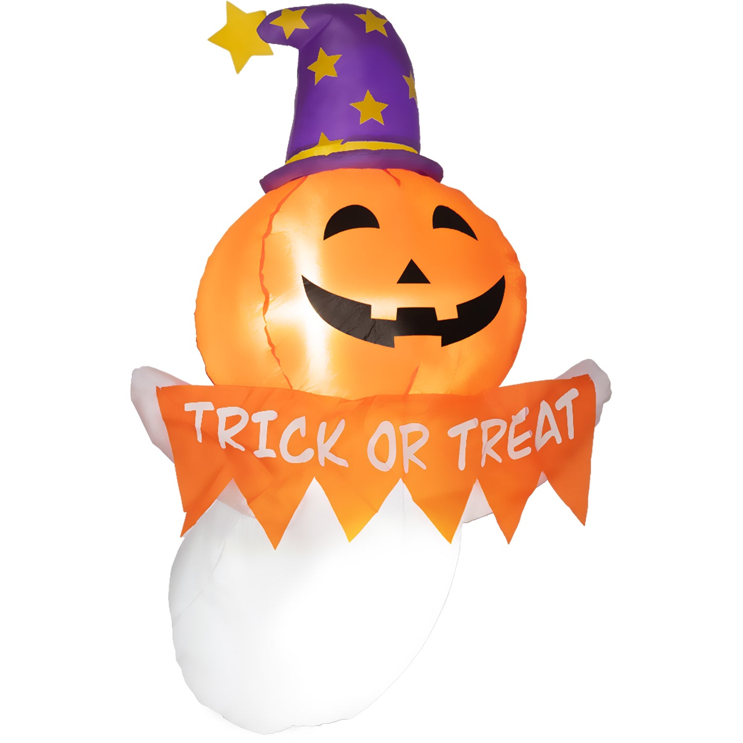 Inflatable pumpkin ghost wearing a wizard hat holding Trick or Treat banner for Halloween decor