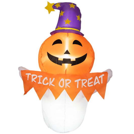Inflatable pumpkin ghost wearing a purple wizard hat with yellow stars and holding a Trick or Treat banner