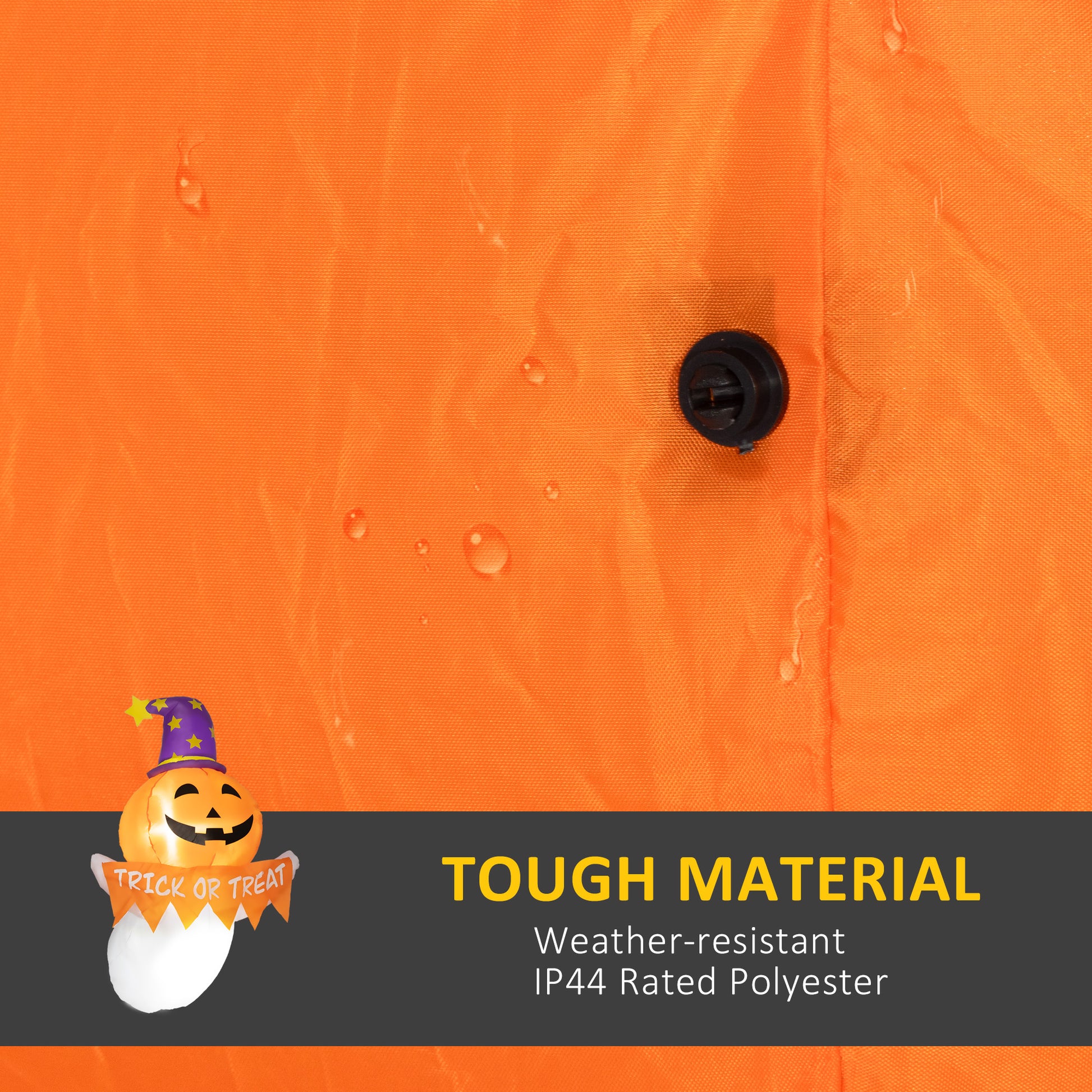 Orange weatherresistant polyester fabric with water droplets and a black fastener