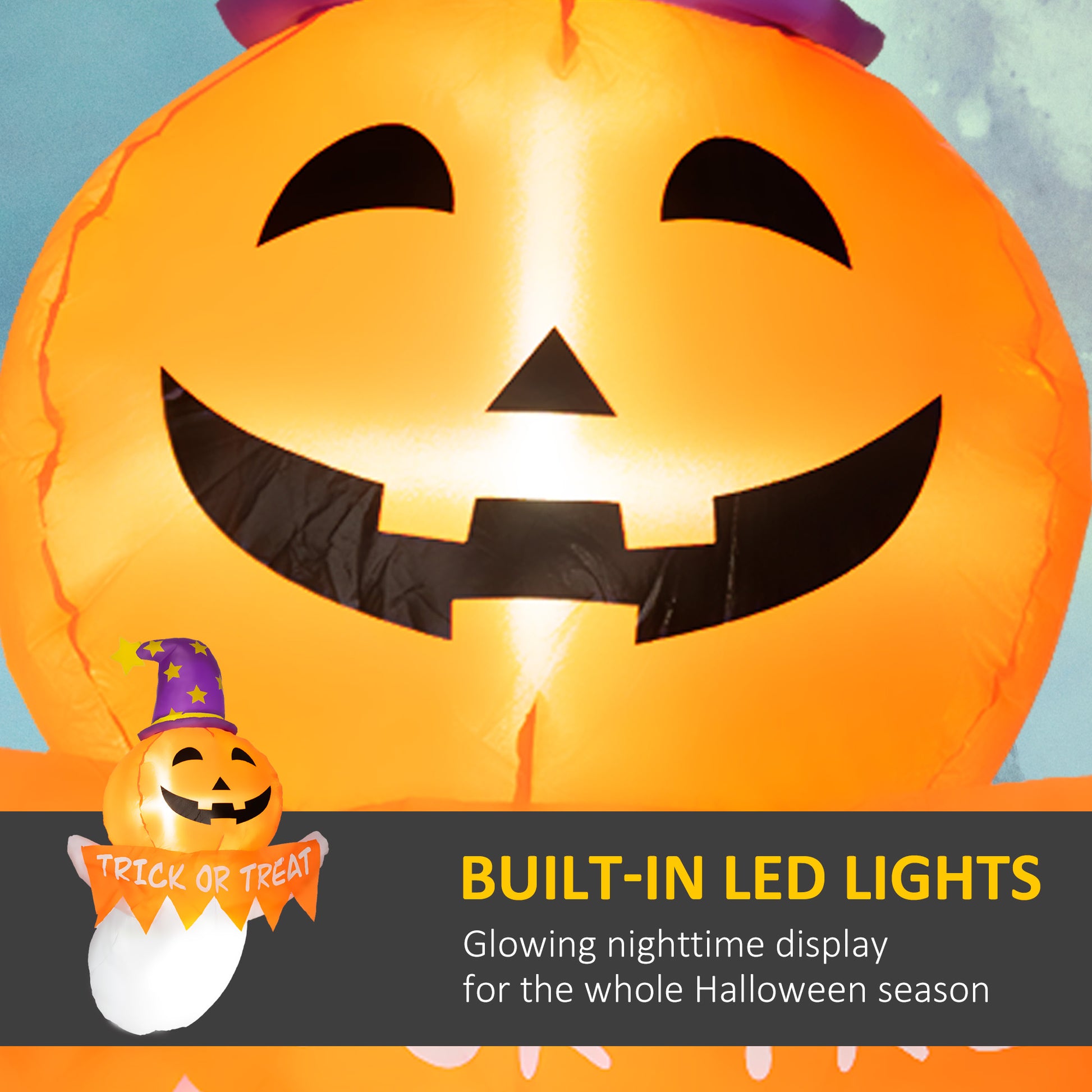 Inflatable Halloween pumpkin with builtin LED lights featuring a smiling jackolantern face and purple wizard hat