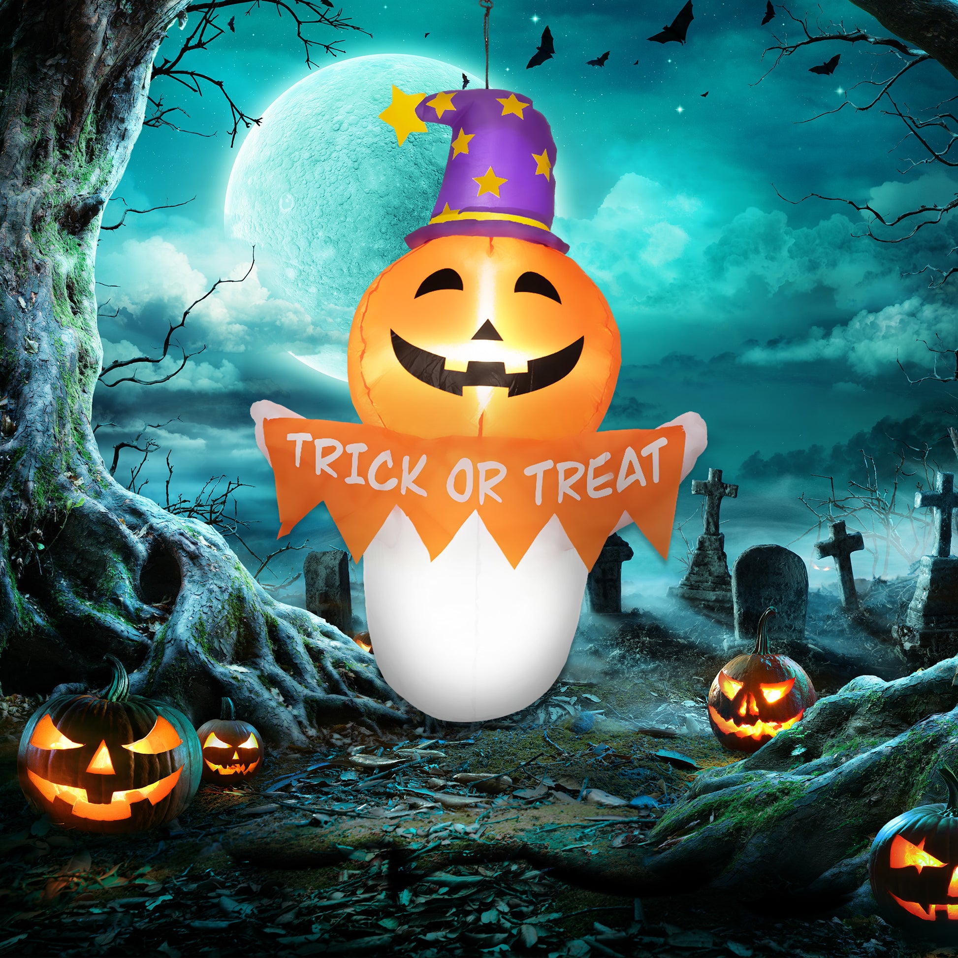 Inflatable Halloween pumpkin ghost with a wizard hat saying TRICK OR TREAT